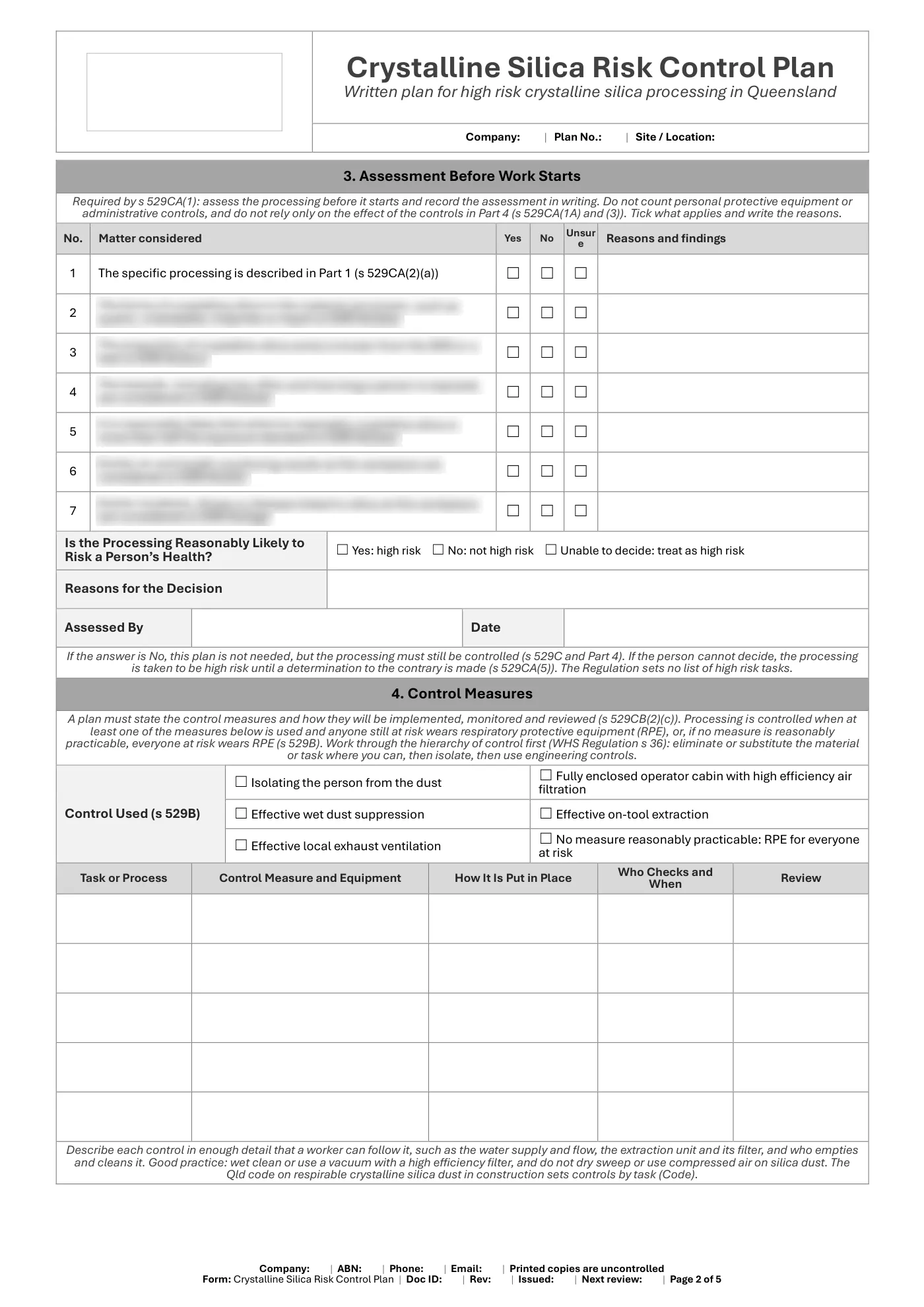 Crystalline Silica Risk Control Plan: sample page 2
