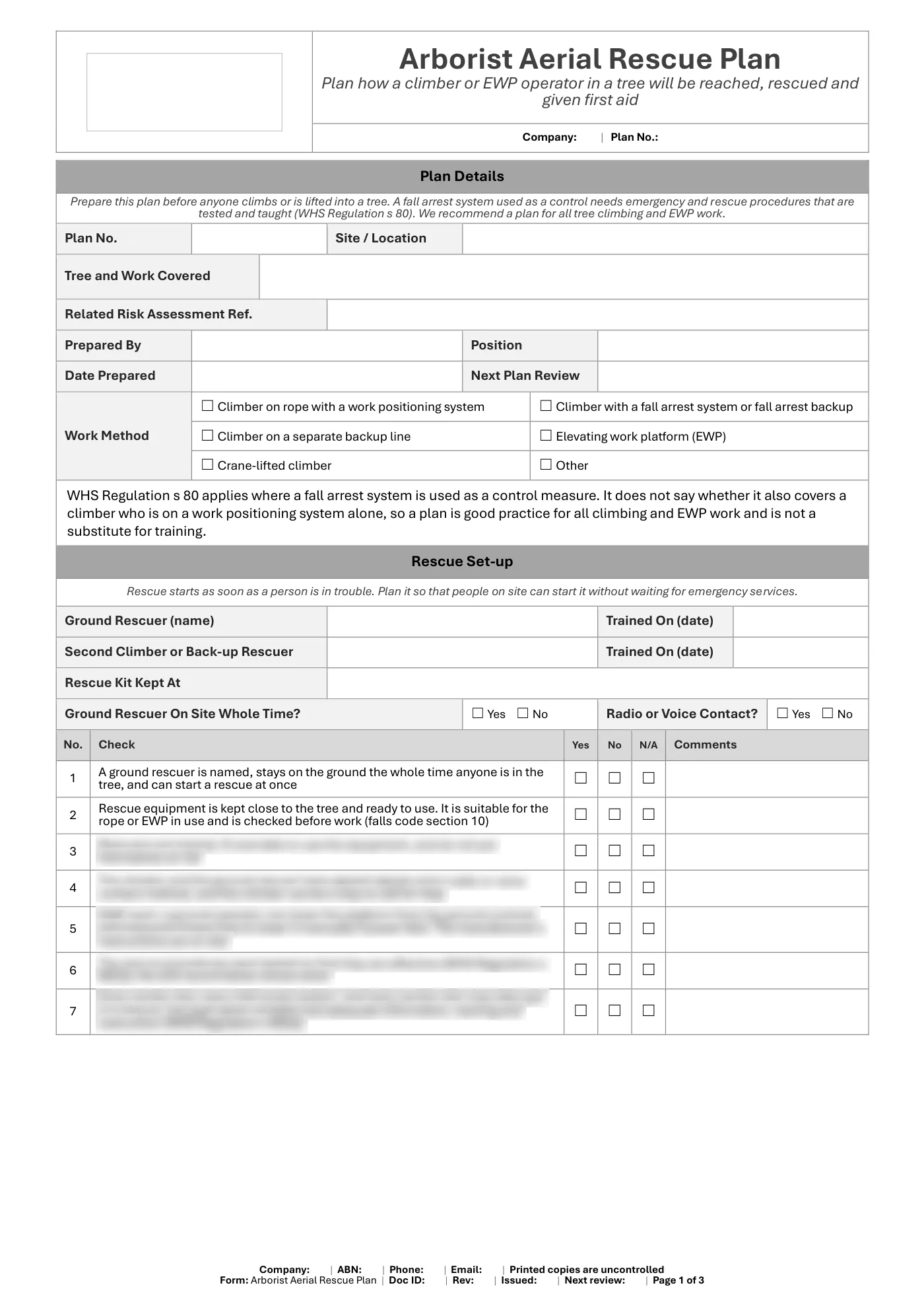 Arborist Aerial Rescue Plan: sample page 1