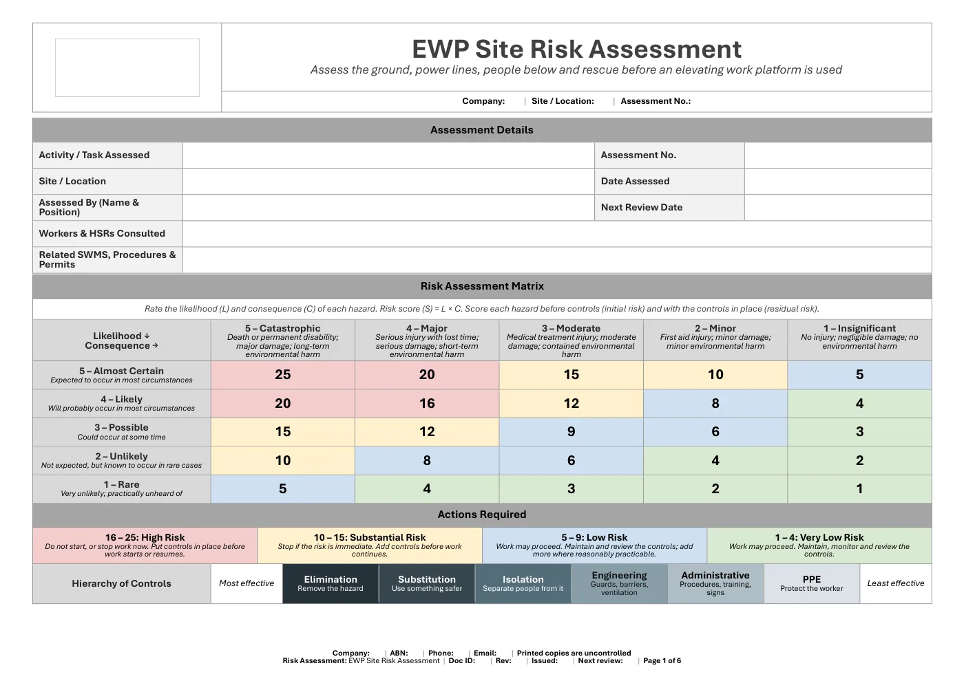 EWP Site Risk Assessment: sample page 1