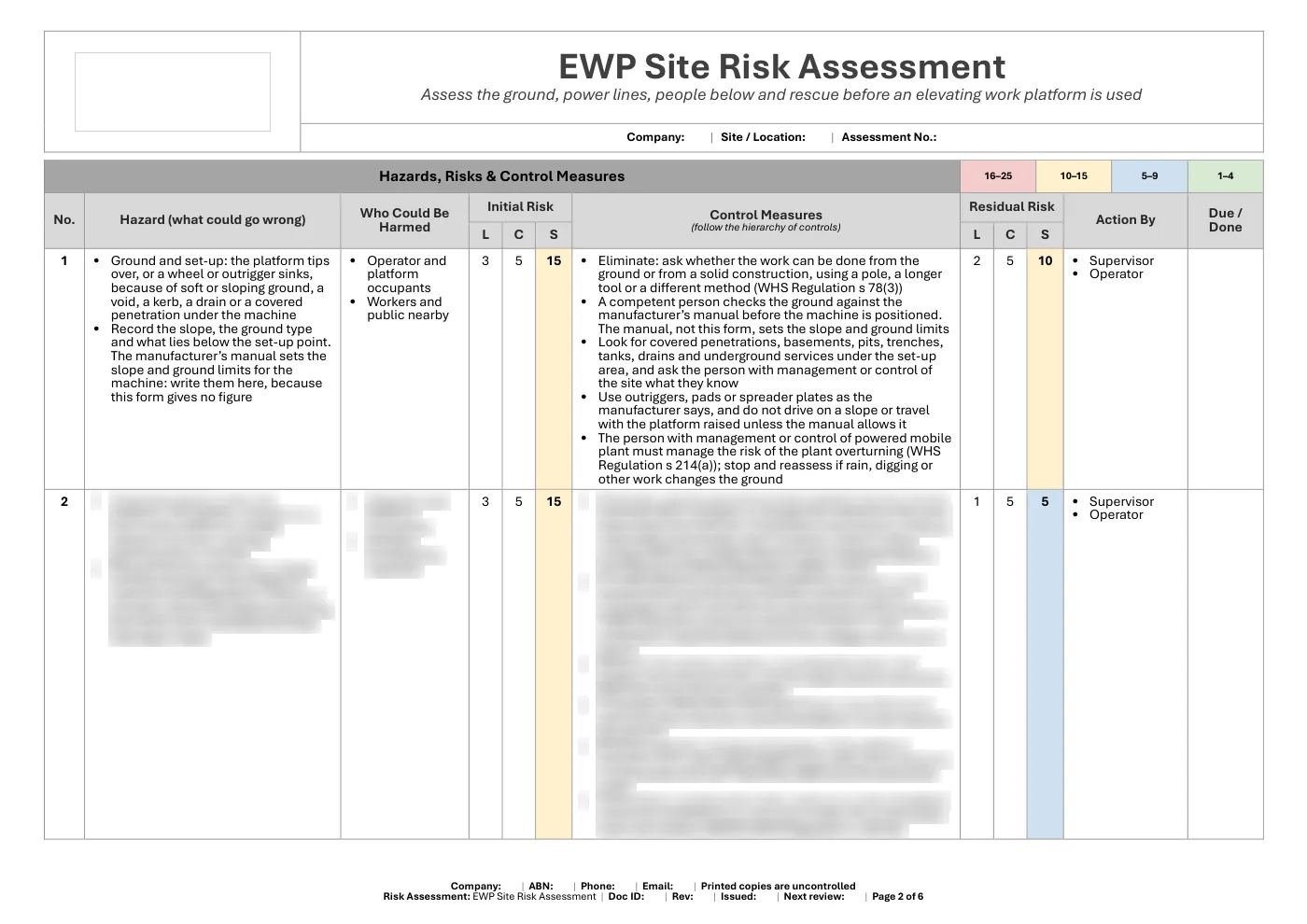 EWP Site Risk Assessment: sample page 2