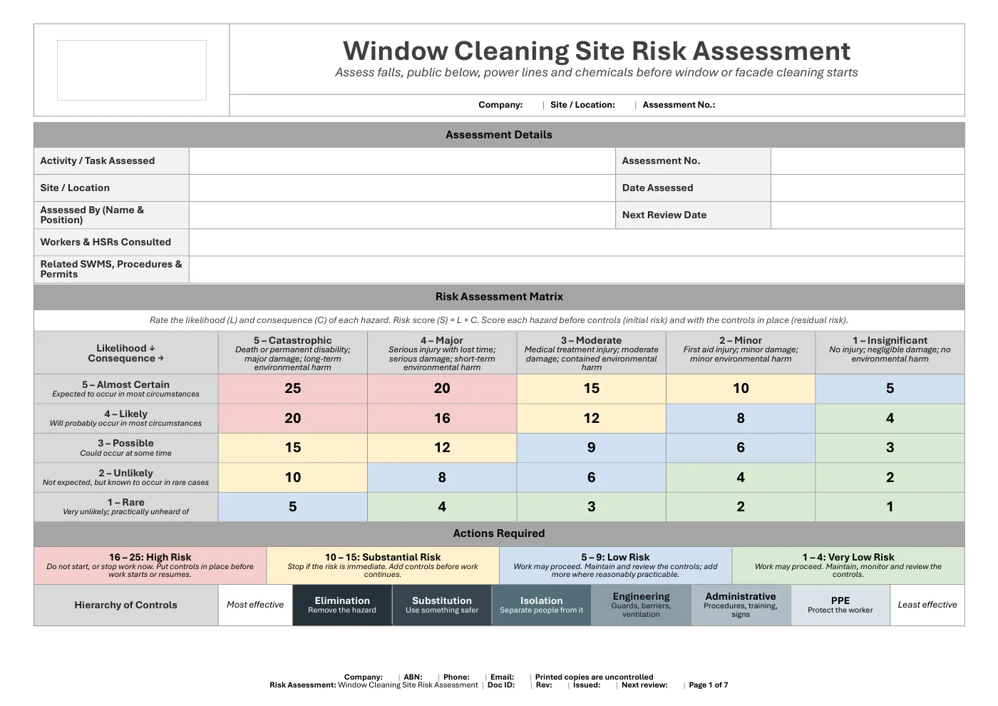 Window Cleaning Site Risk Assessment: sample page 1