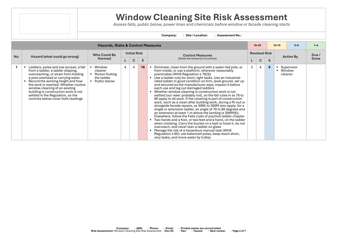 Window Cleaning Site Risk Assessment: sample page 2
