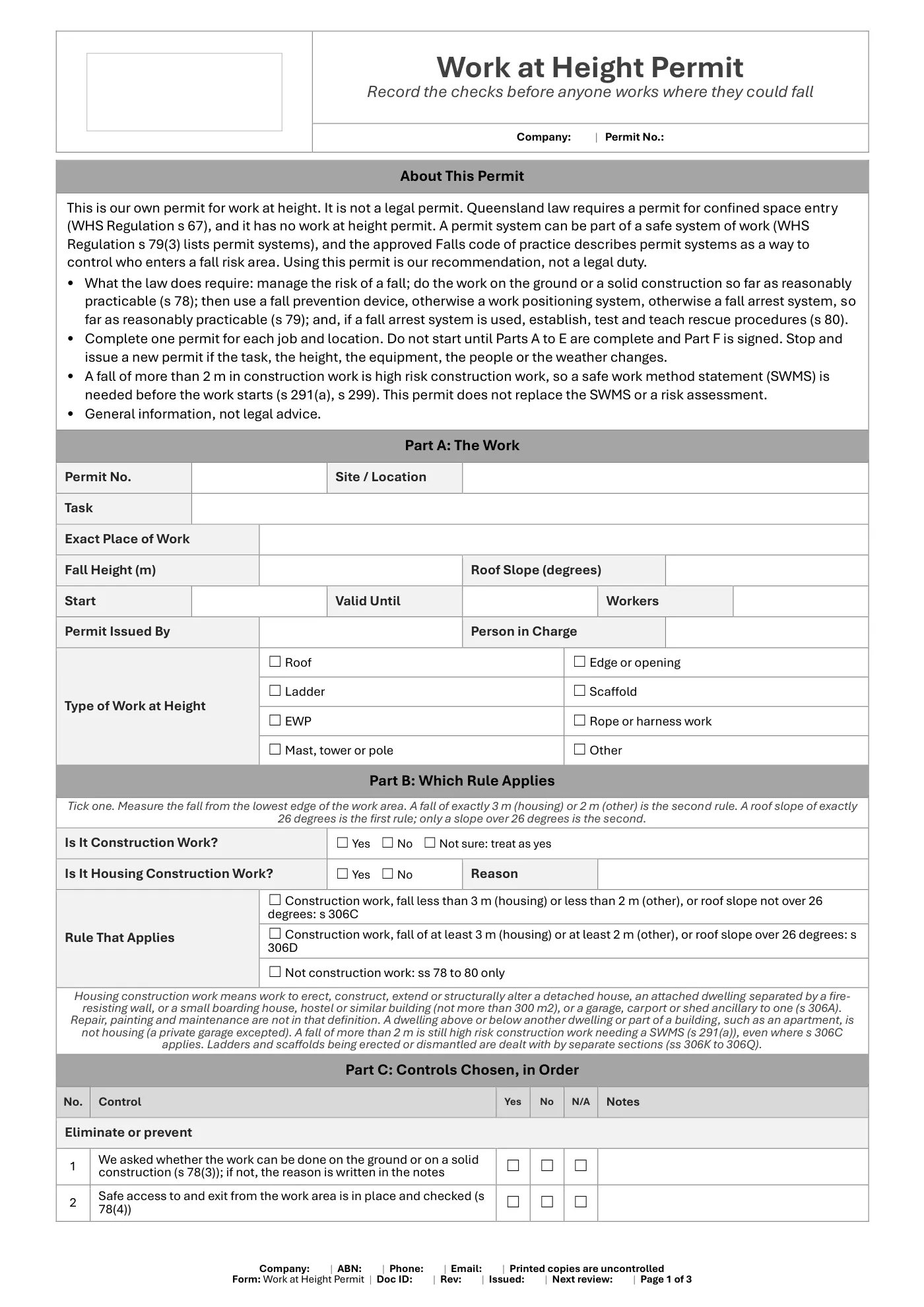 Work at Height Permit: sample page 1