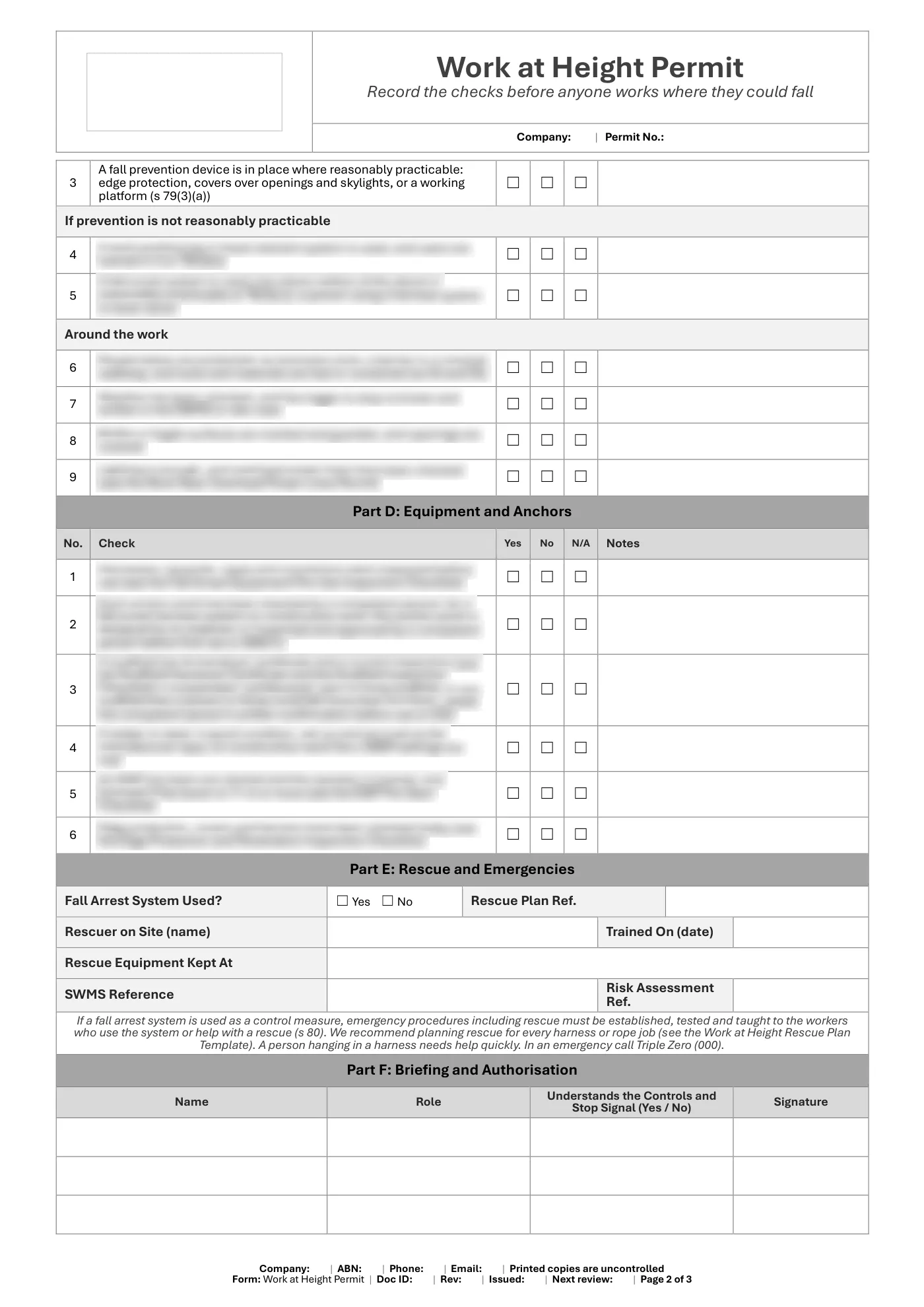 Work at Height Permit: sample page 2