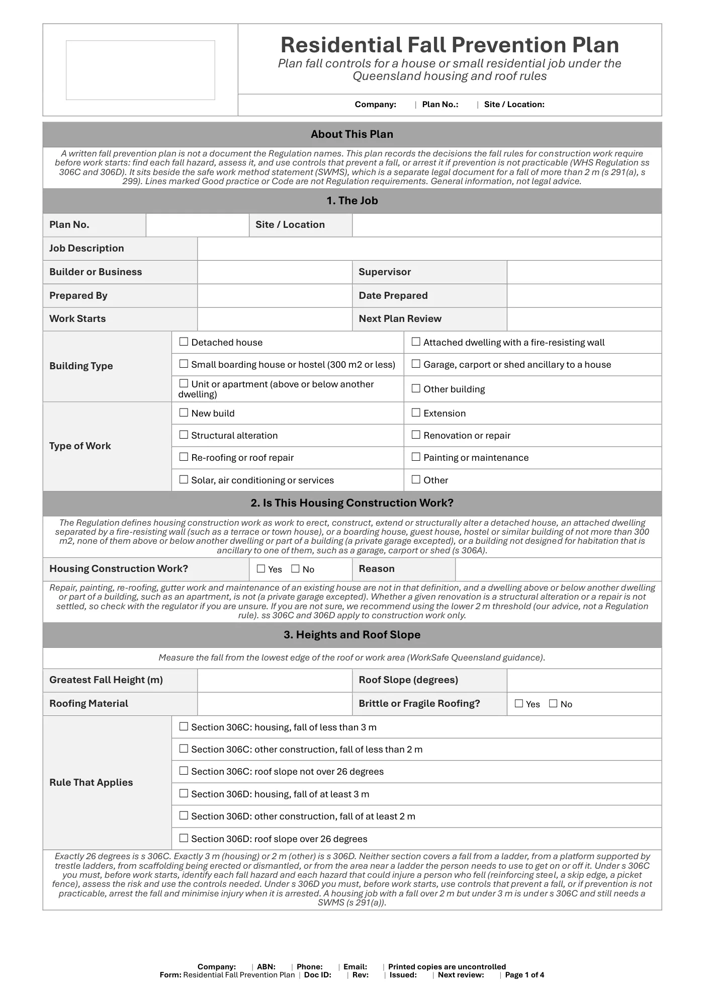 Residential Fall Prevention Plan: sample page 1