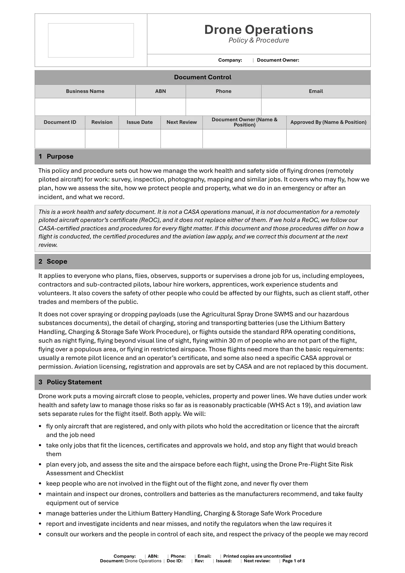 Drone Operations Policy & Procedure Template: sample page 1
