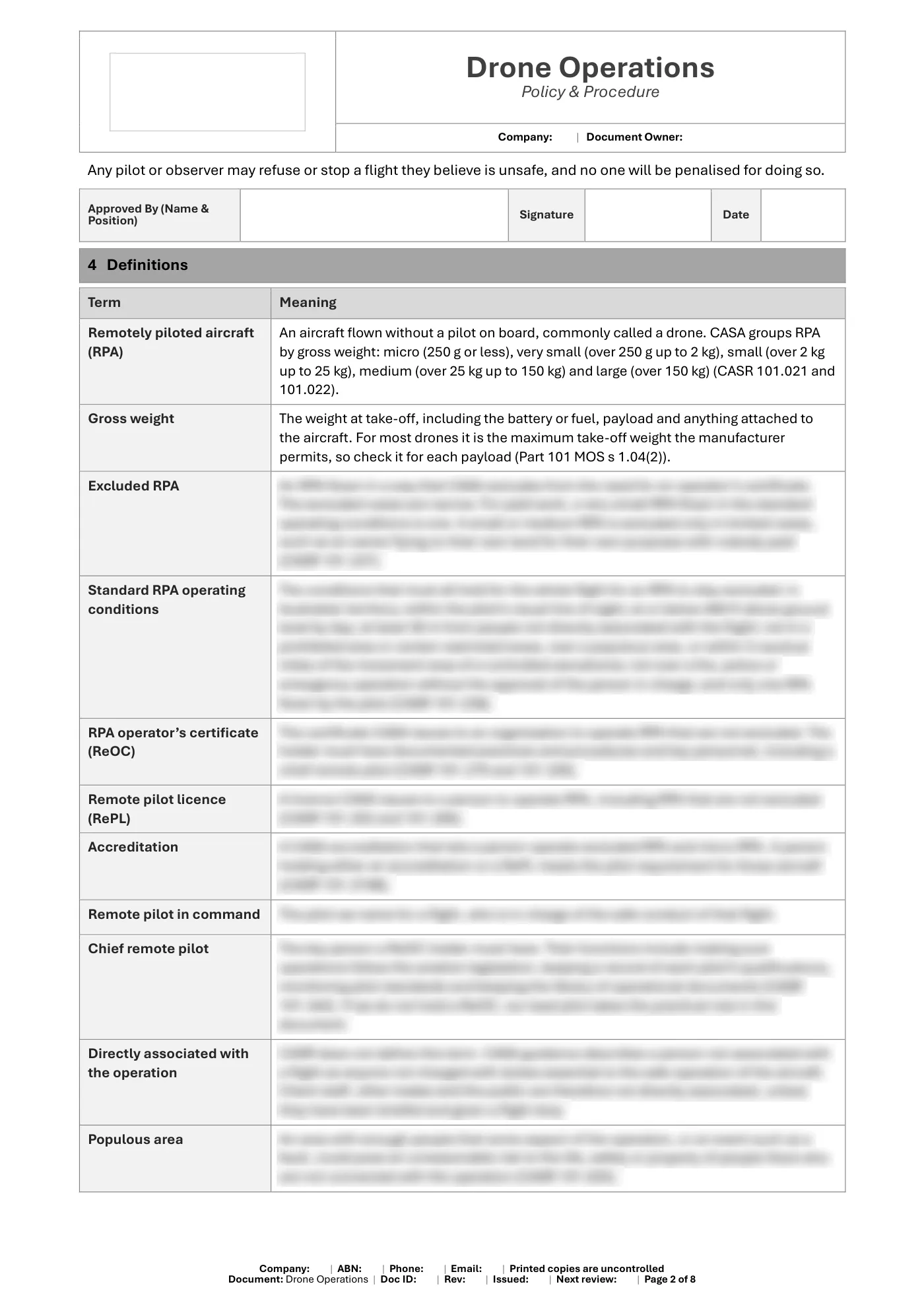 Drone Operations Policy & Procedure Template: sample page 2