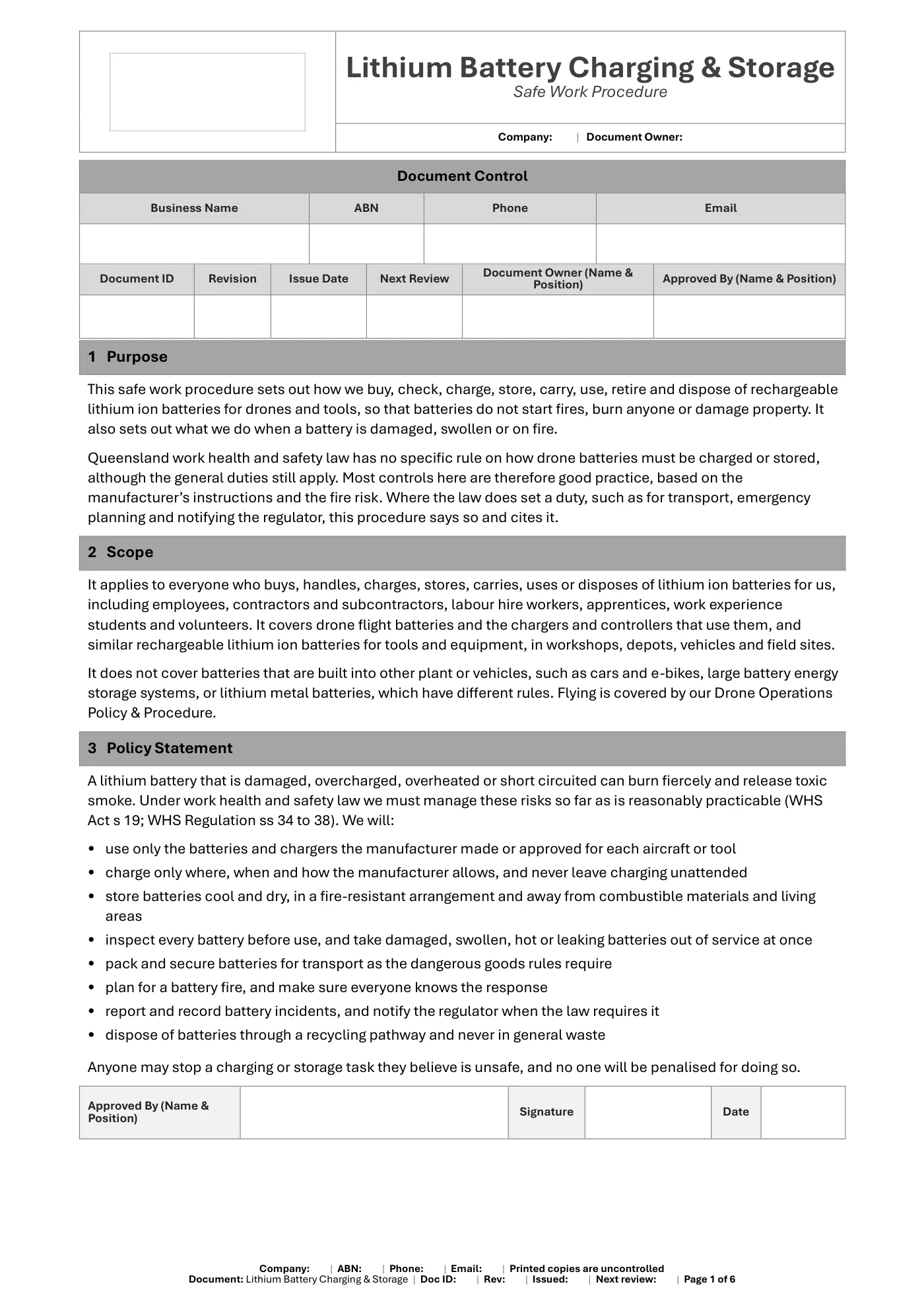 Lithium Battery Handling, Charging & Storage Safe Work Procedure Template: sample page 1