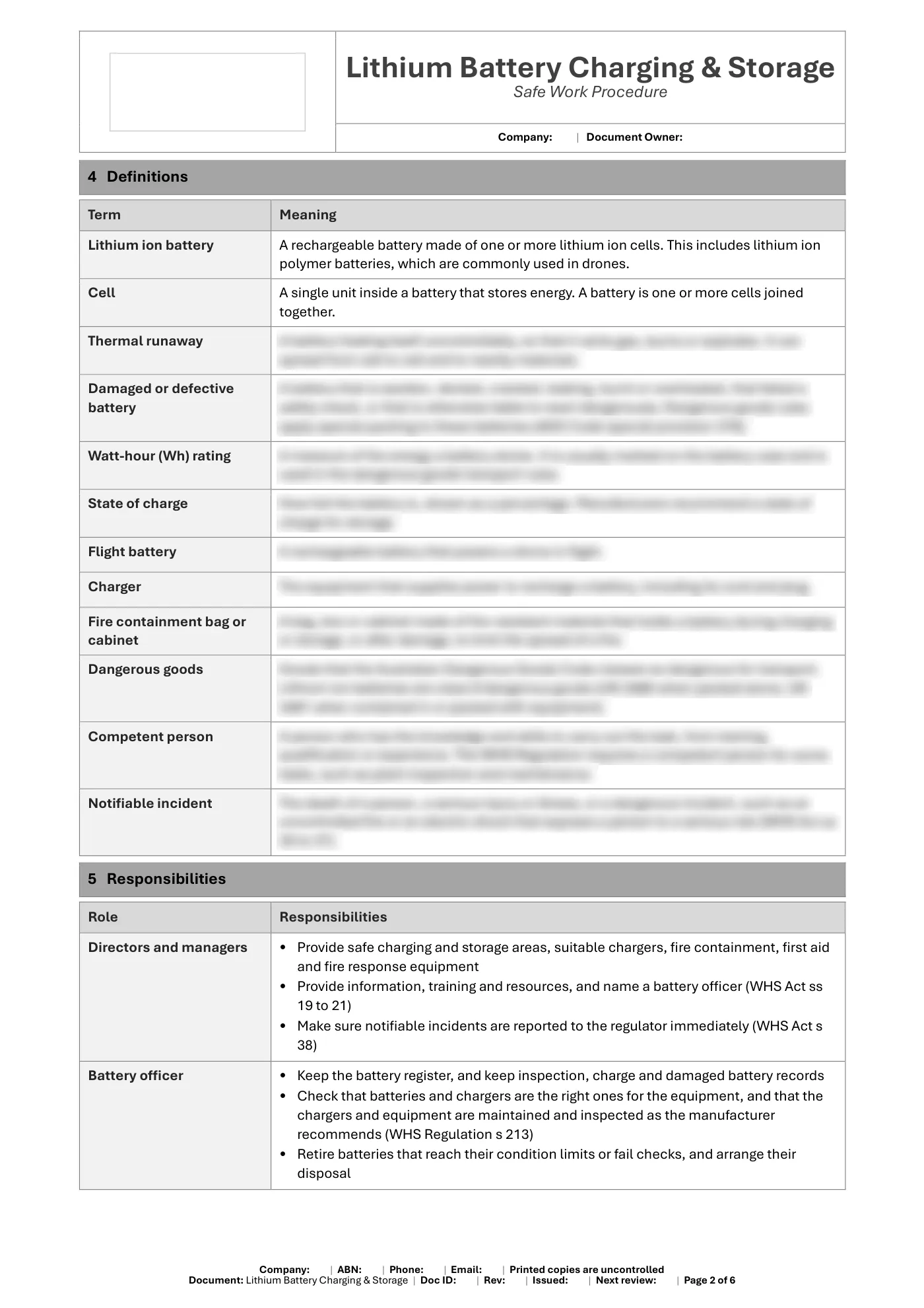 Lithium Battery Handling, Charging & Storage Safe Work Procedure Template: sample page 2