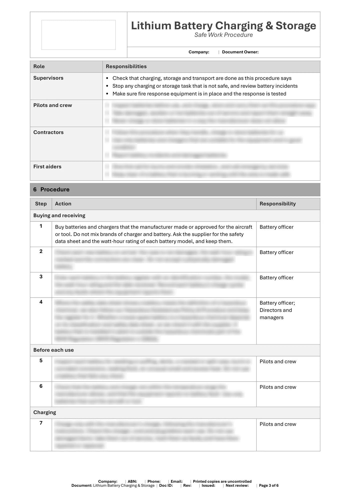 Lithium Battery Handling, Charging & Storage Safe Work Procedure Template: sample page 3