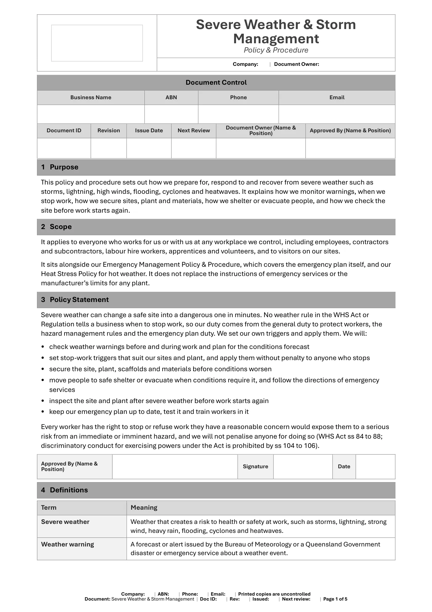 Severe Weather & Storm Management Policy & Procedure Template: sample page 1