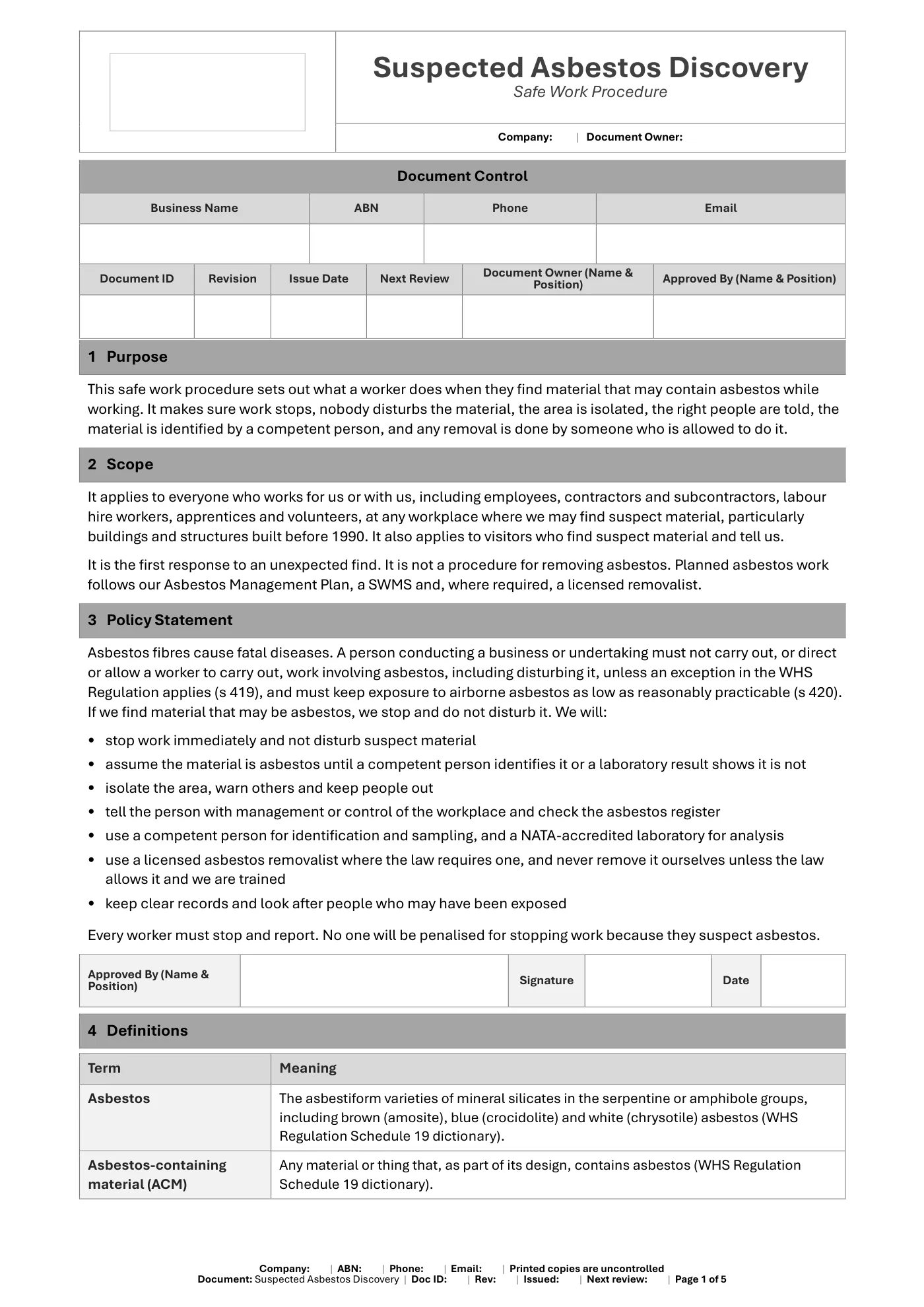 Suspected Asbestos Discovery Safe Work Procedure Template: sample page 1