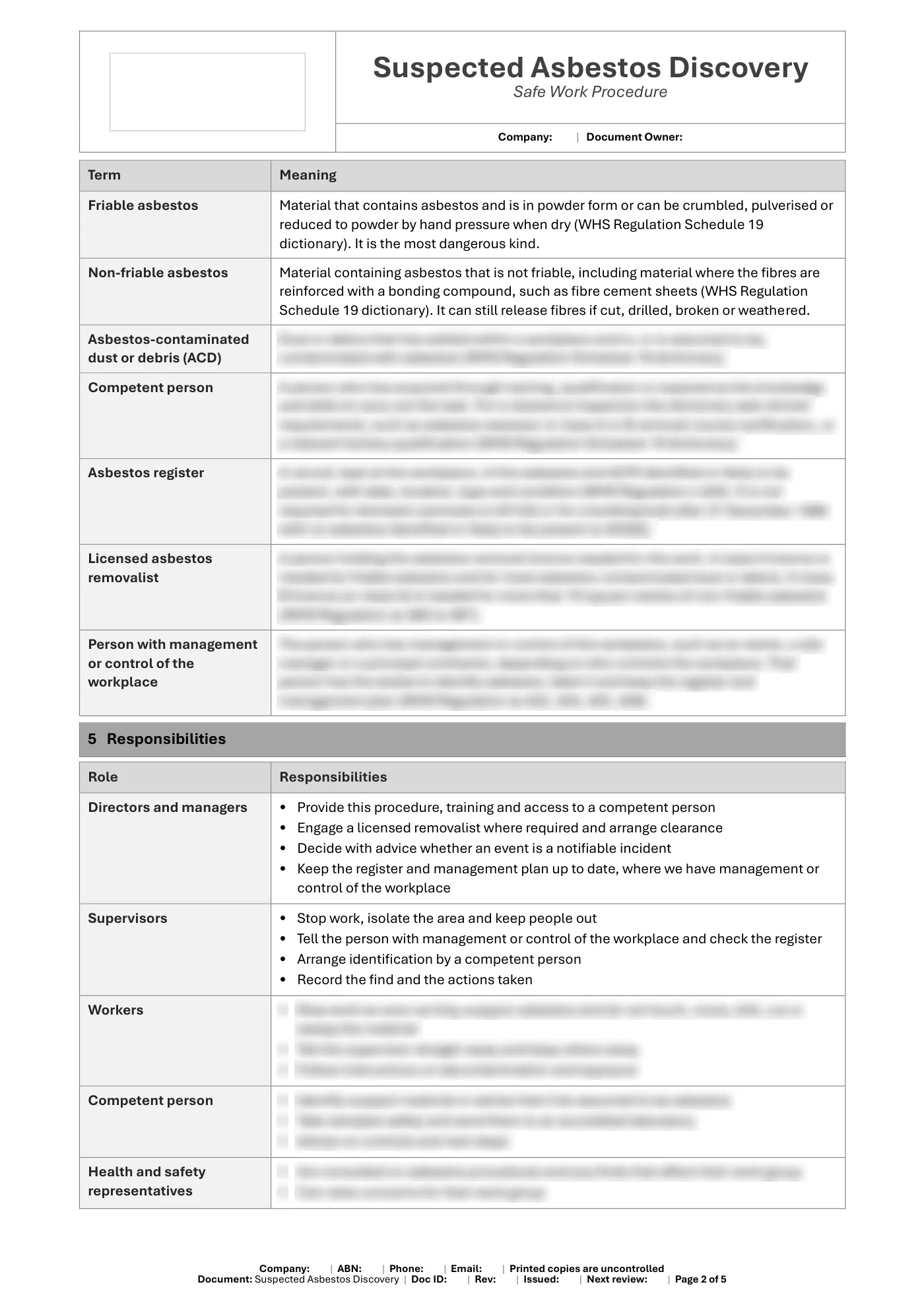 Suspected Asbestos Discovery Safe Work Procedure Template: sample page 2