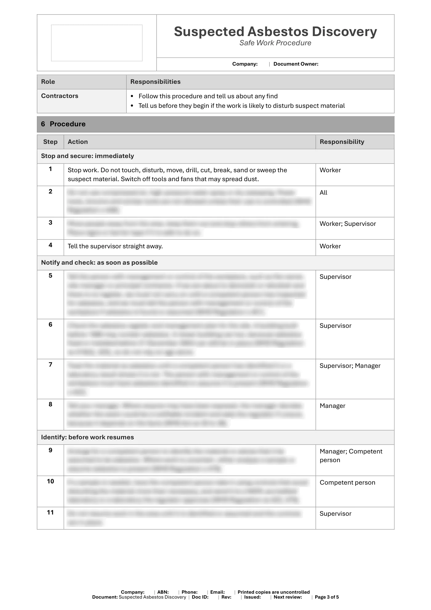 Suspected Asbestos Discovery Safe Work Procedure Template: sample page 3