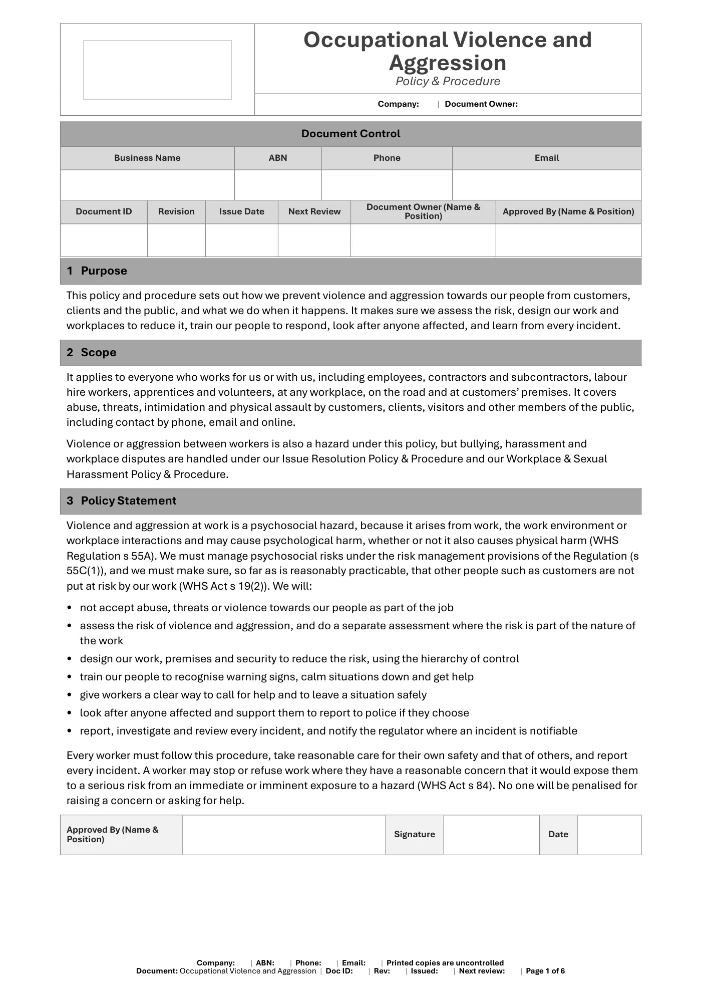 Occupational Violence and Aggression Policy & Procedure Template: sample page 1