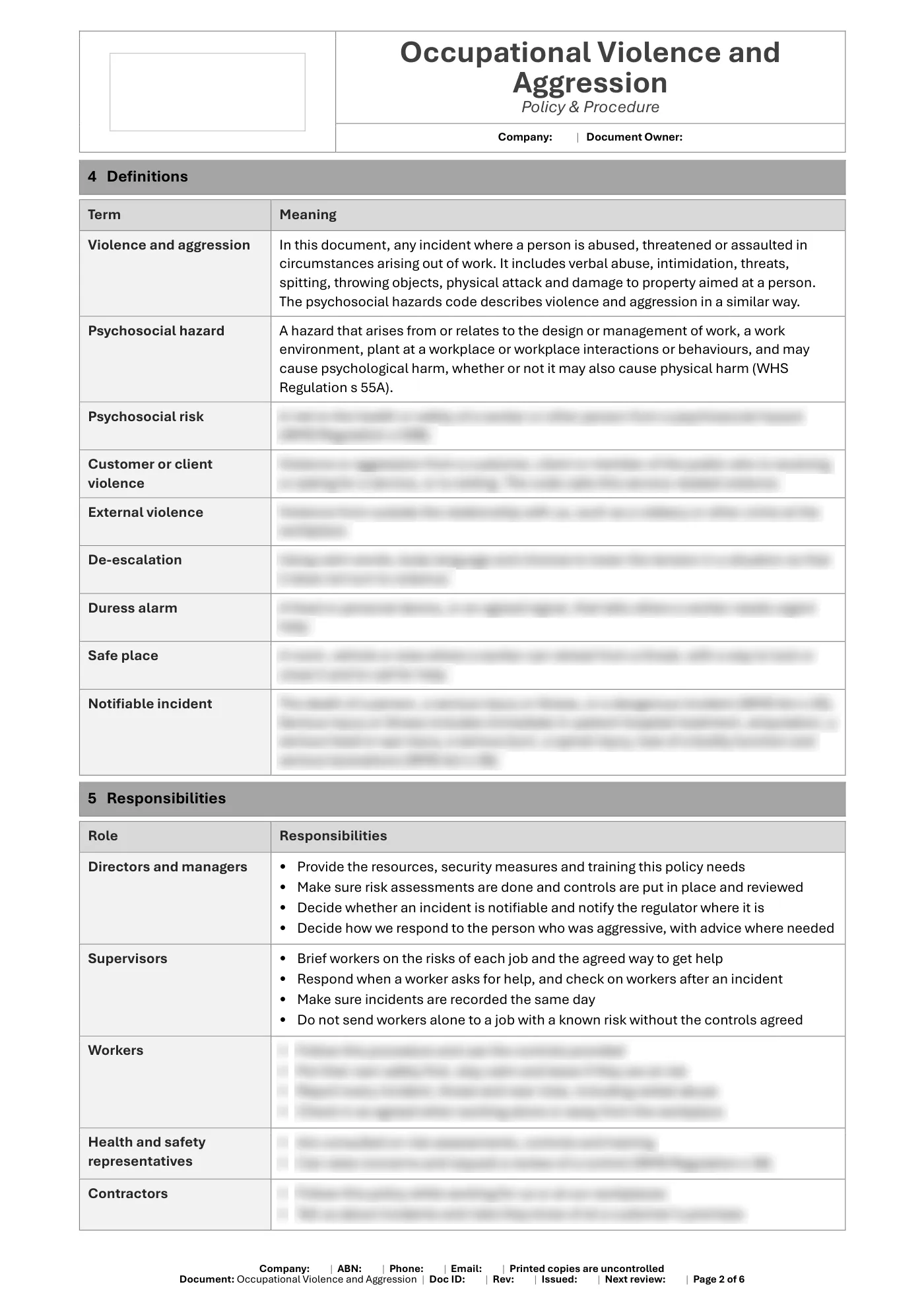 Occupational Violence and Aggression Policy & Procedure Template: sample page 2