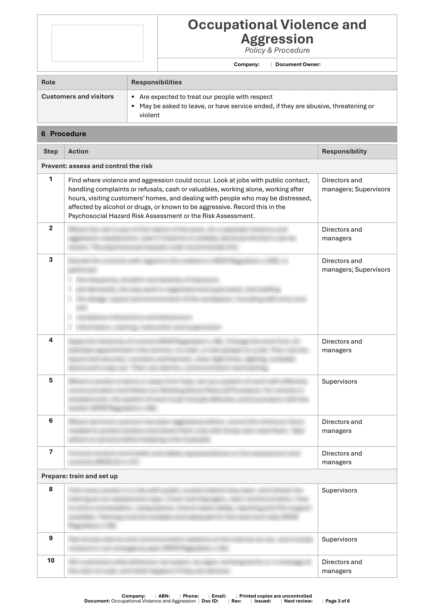 Occupational Violence and Aggression Policy & Procedure Template: sample page 3
