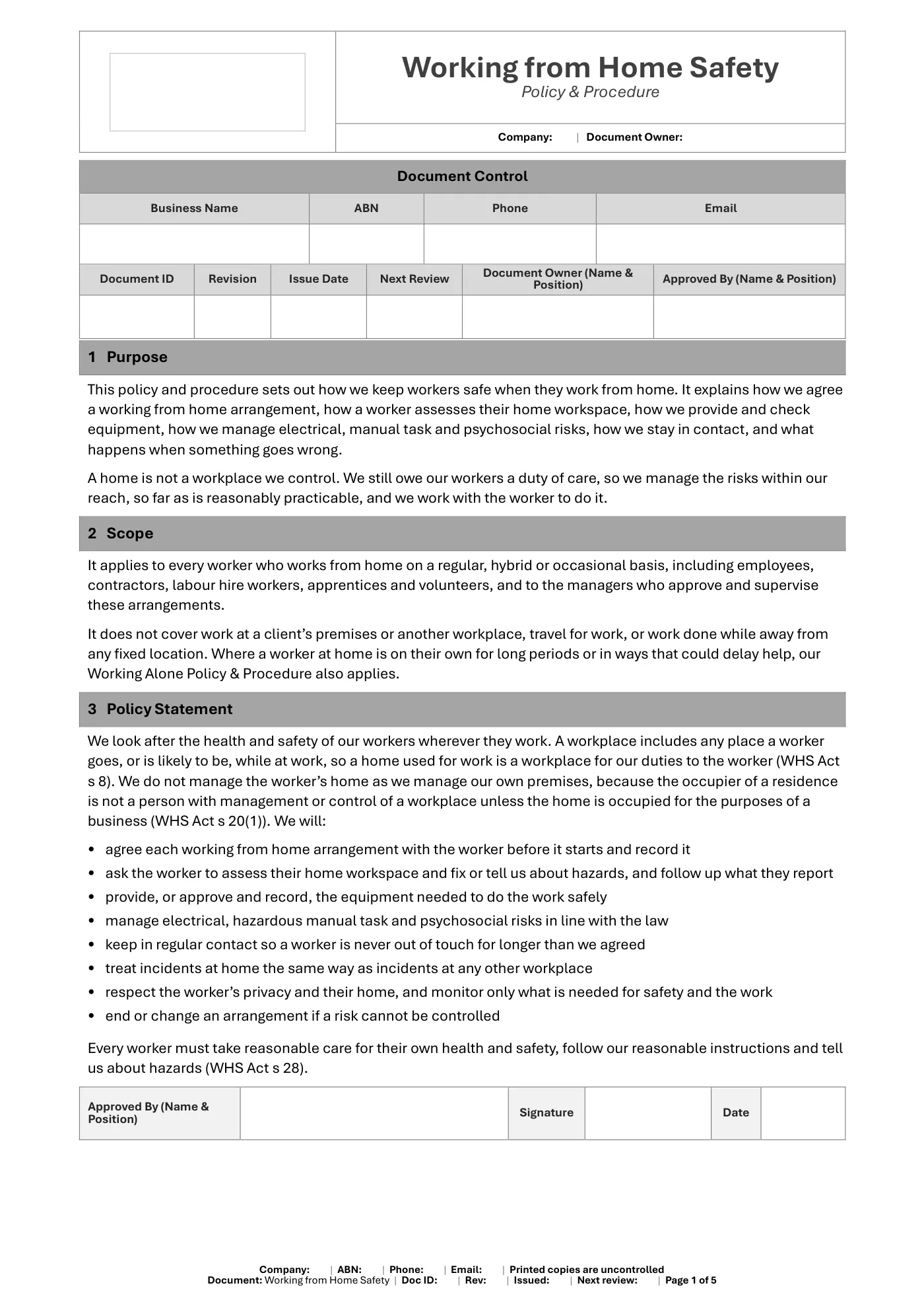 Working from Home Safety Policy & Procedure Template: sample page 1
