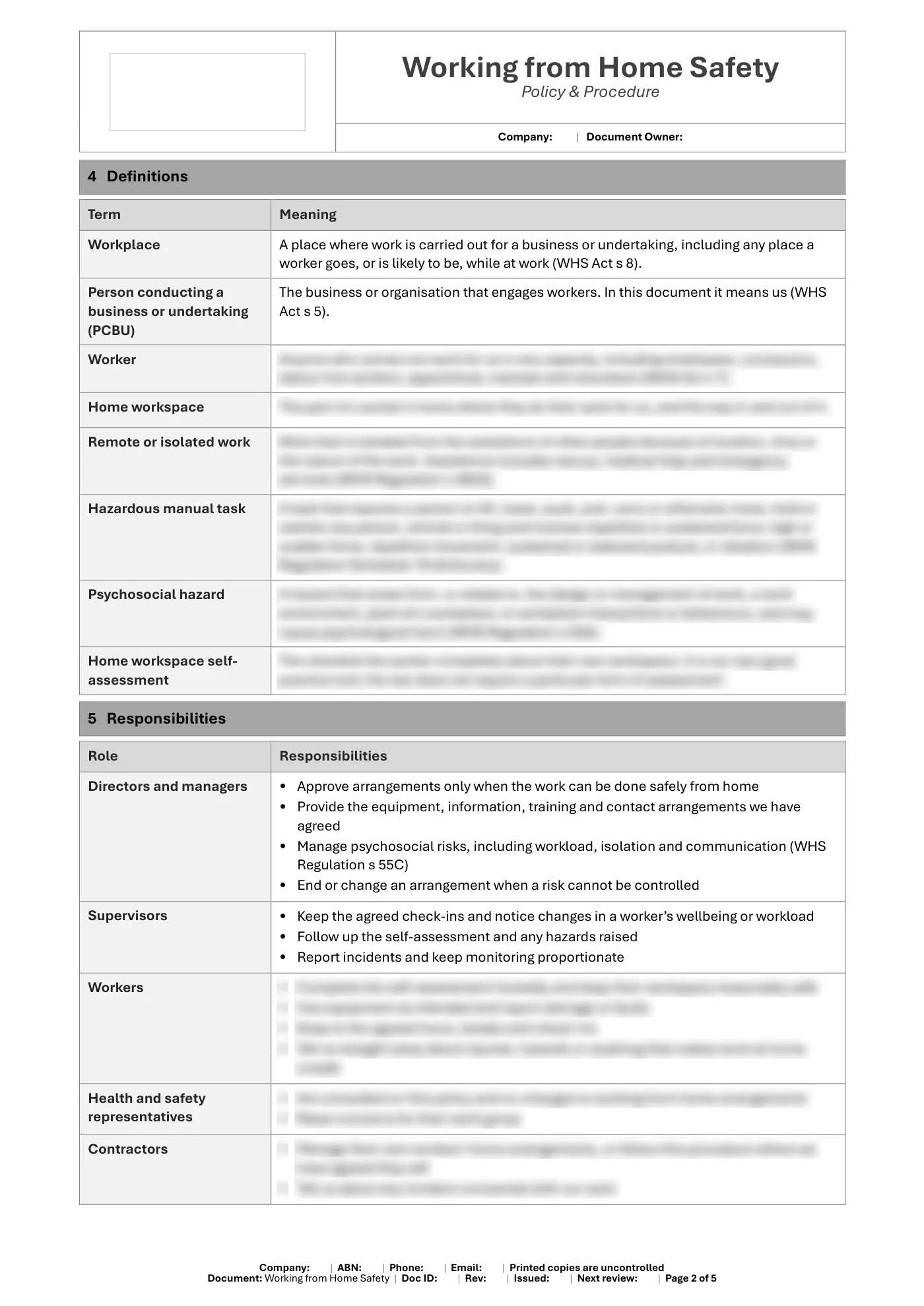 Working from Home Safety Policy & Procedure Template: sample page 2