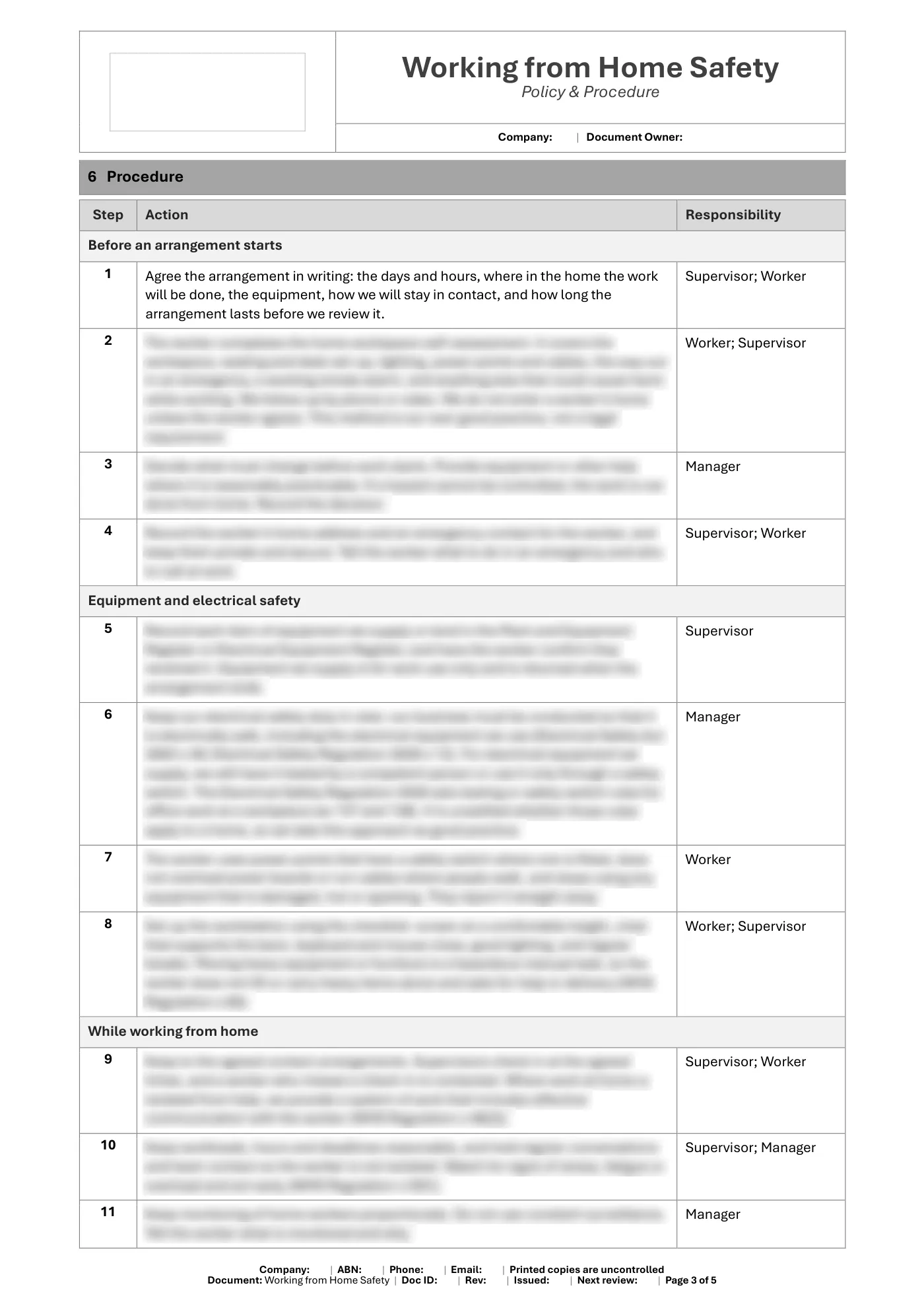 Working from Home Safety Policy & Procedure Template: sample page 3