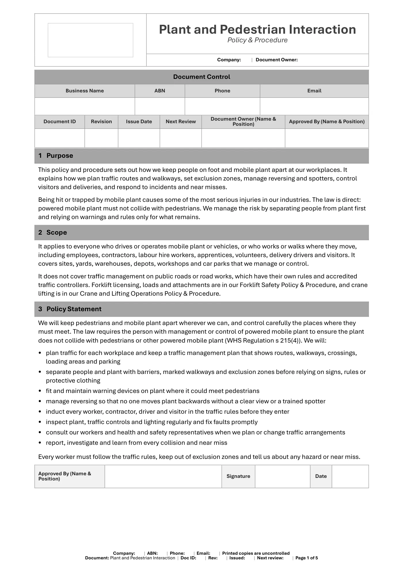 Plant and Pedestrian Interaction Policy & Procedure Template: sample page 1