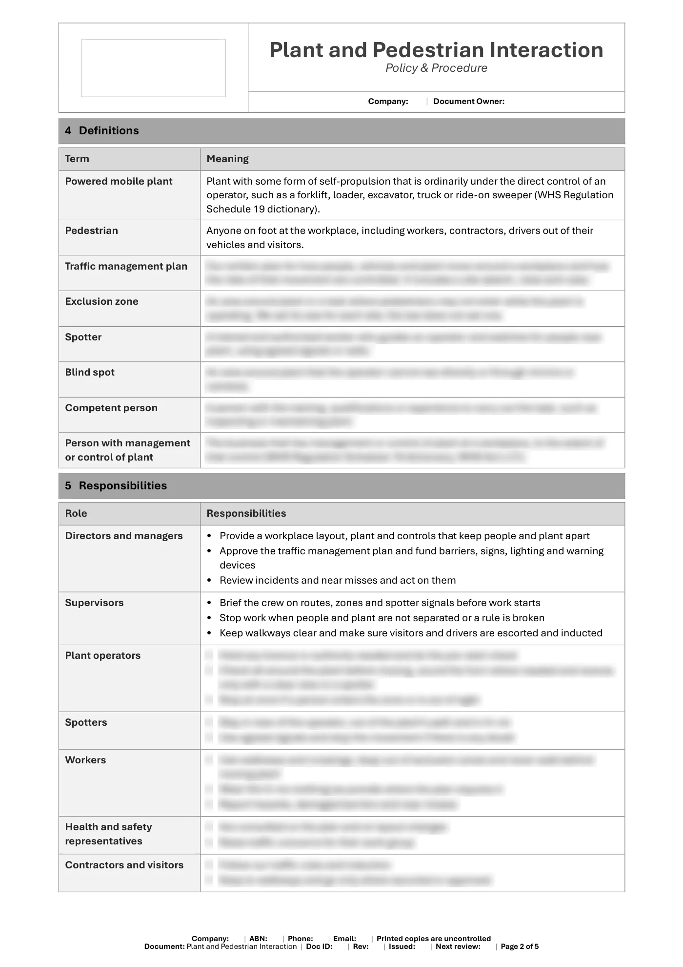 Plant and Pedestrian Interaction Policy & Procedure Template: sample page 2