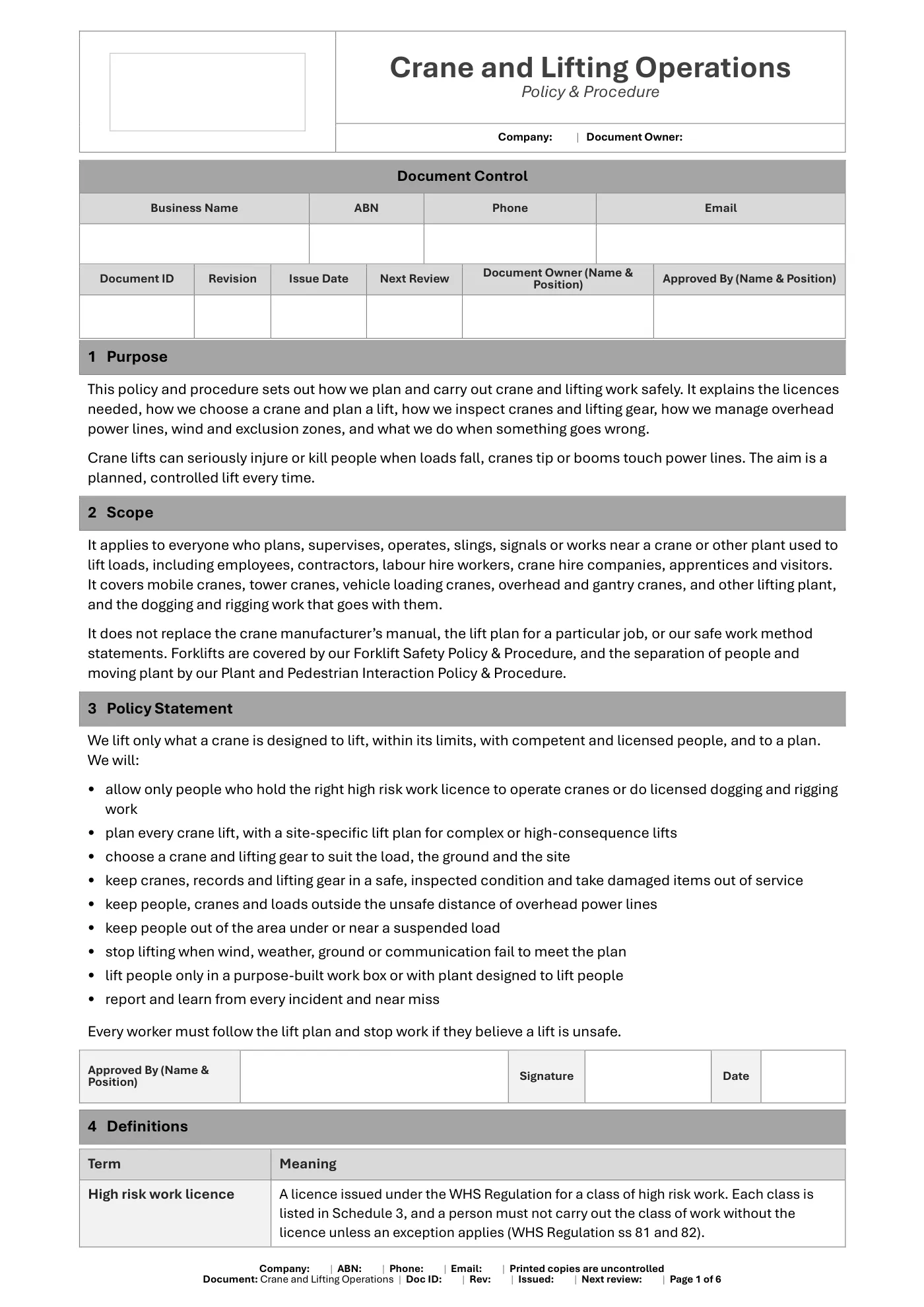Crane and Lifting Operations Policy & Procedure Template: sample page 1