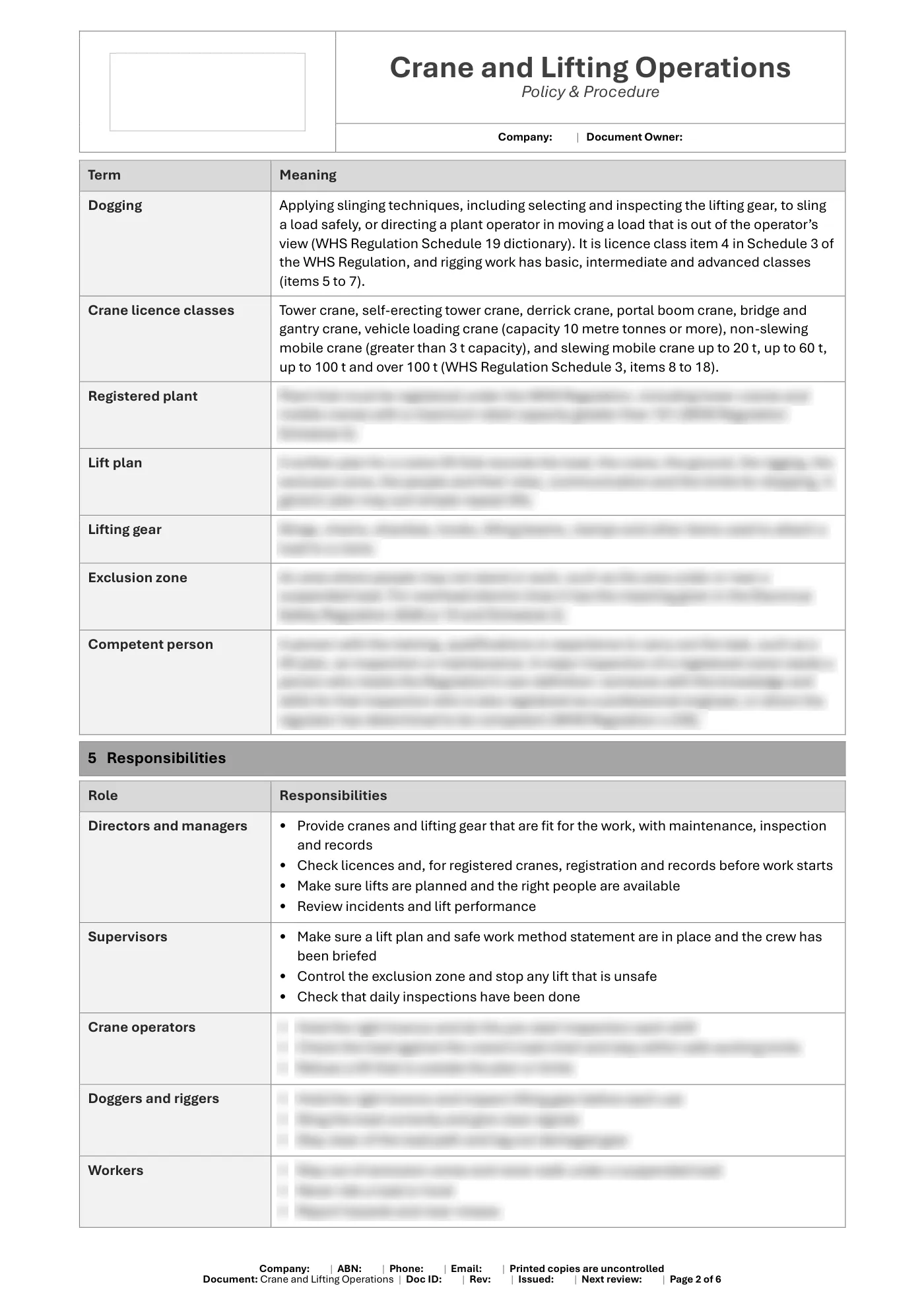 Crane and Lifting Operations Policy & Procedure Template: sample page 2