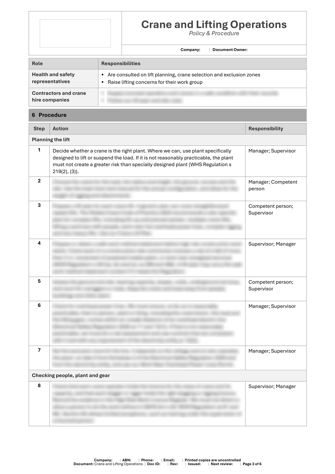 Crane and Lifting Operations Policy & Procedure Template: sample page 3