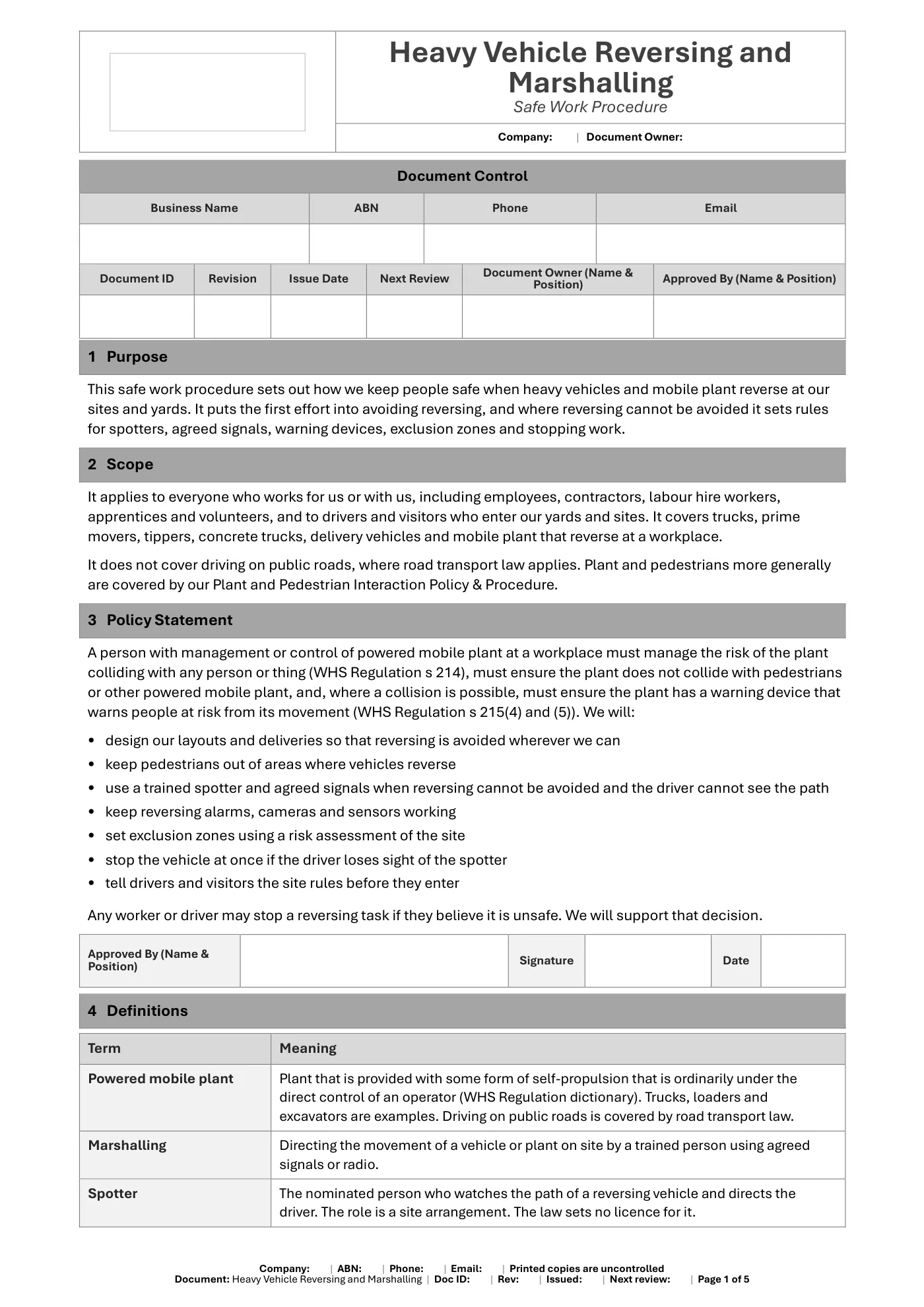 Heavy Vehicle Reversing and Marshalling Safe Work Procedure Template: sample page 1
