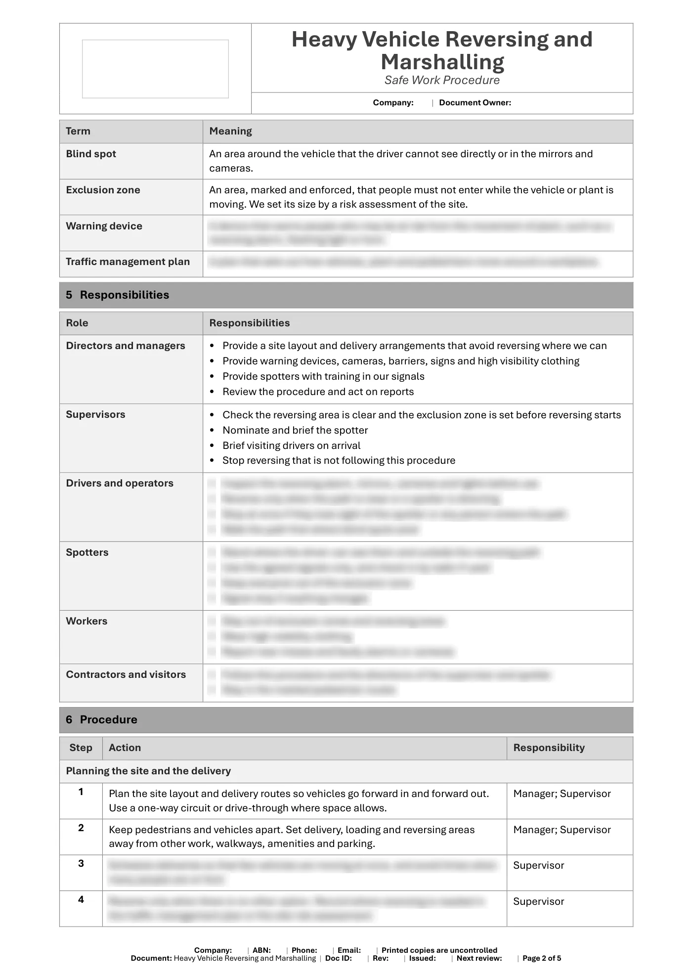 Heavy Vehicle Reversing and Marshalling Safe Work Procedure Template: sample page 2