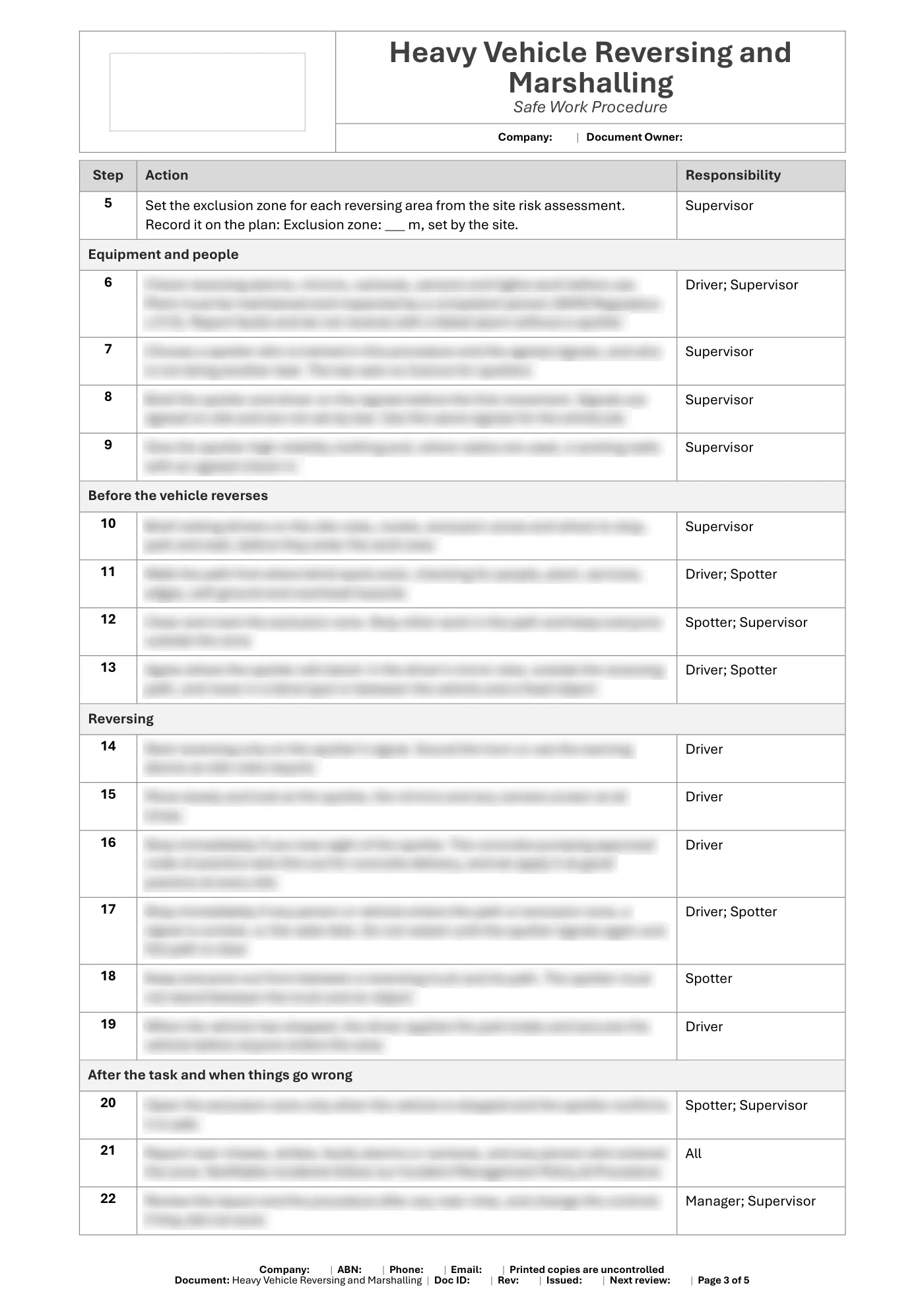 Heavy Vehicle Reversing and Marshalling Safe Work Procedure Template: sample page 3
