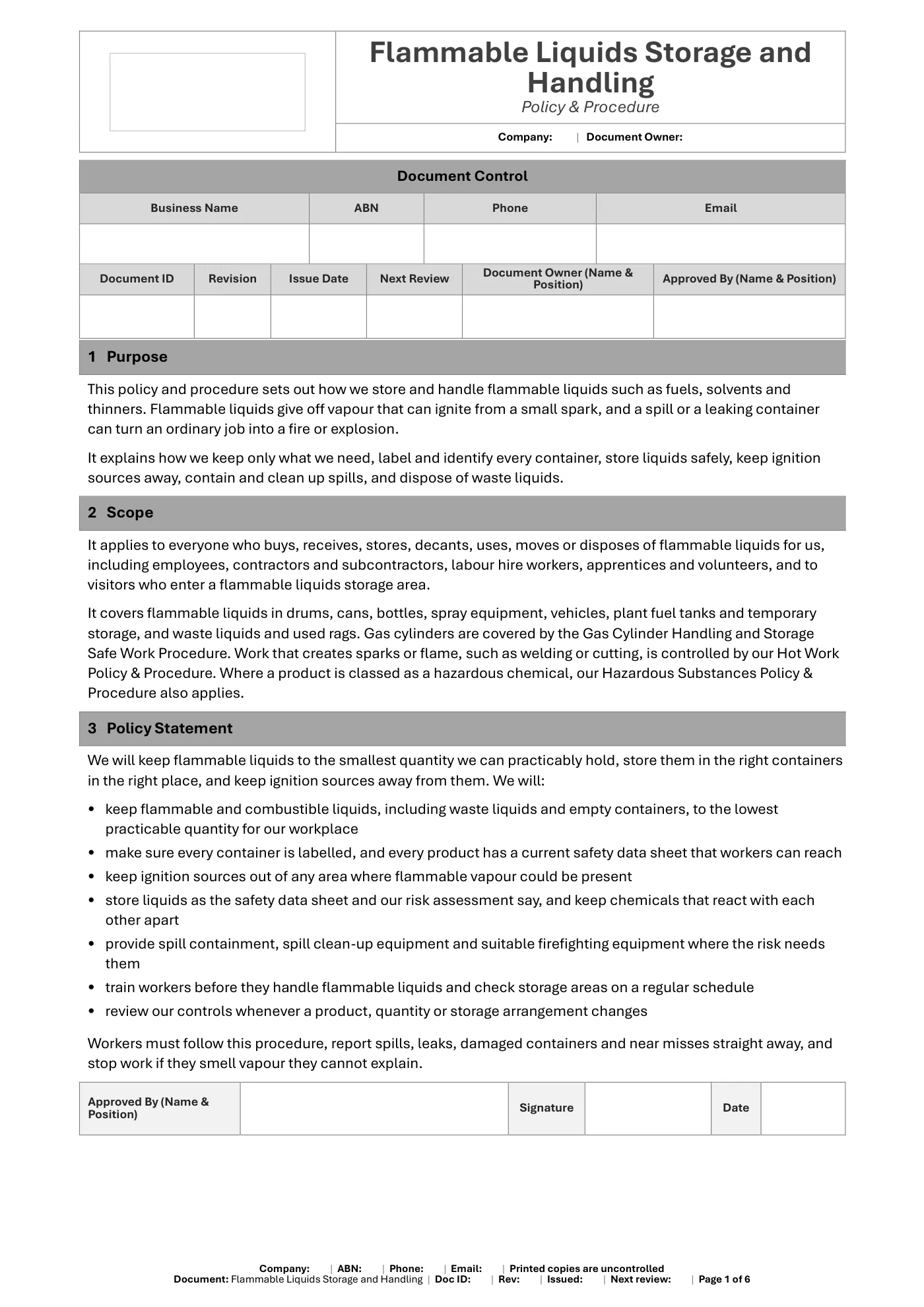 Flammable Liquids Storage and Handling Policy & Procedure Template: sample page 1