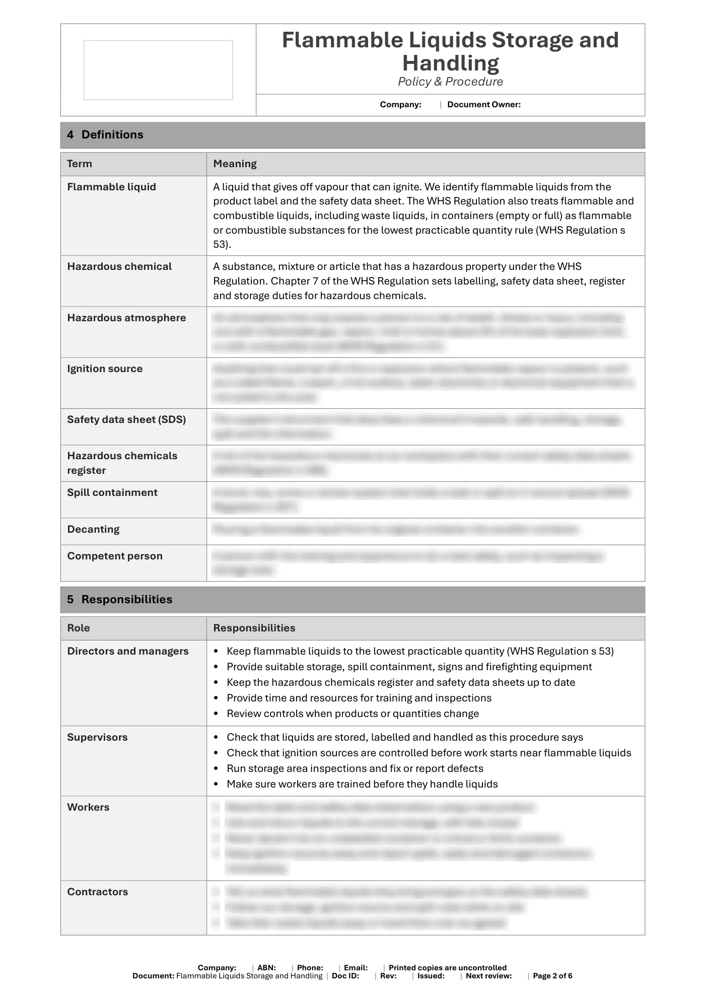 Flammable Liquids Storage and Handling Policy & Procedure Template: sample page 2