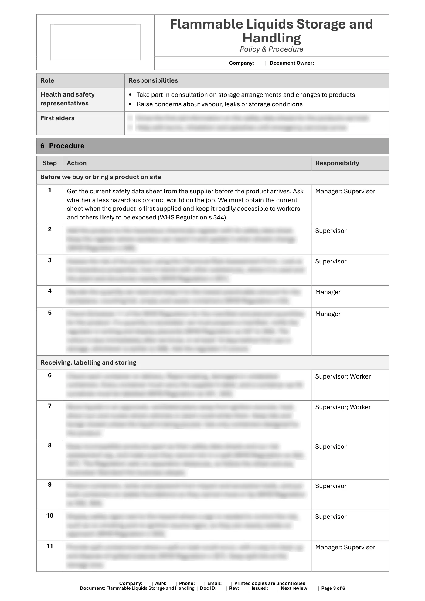 Flammable Liquids Storage and Handling Policy & Procedure Template: sample page 3