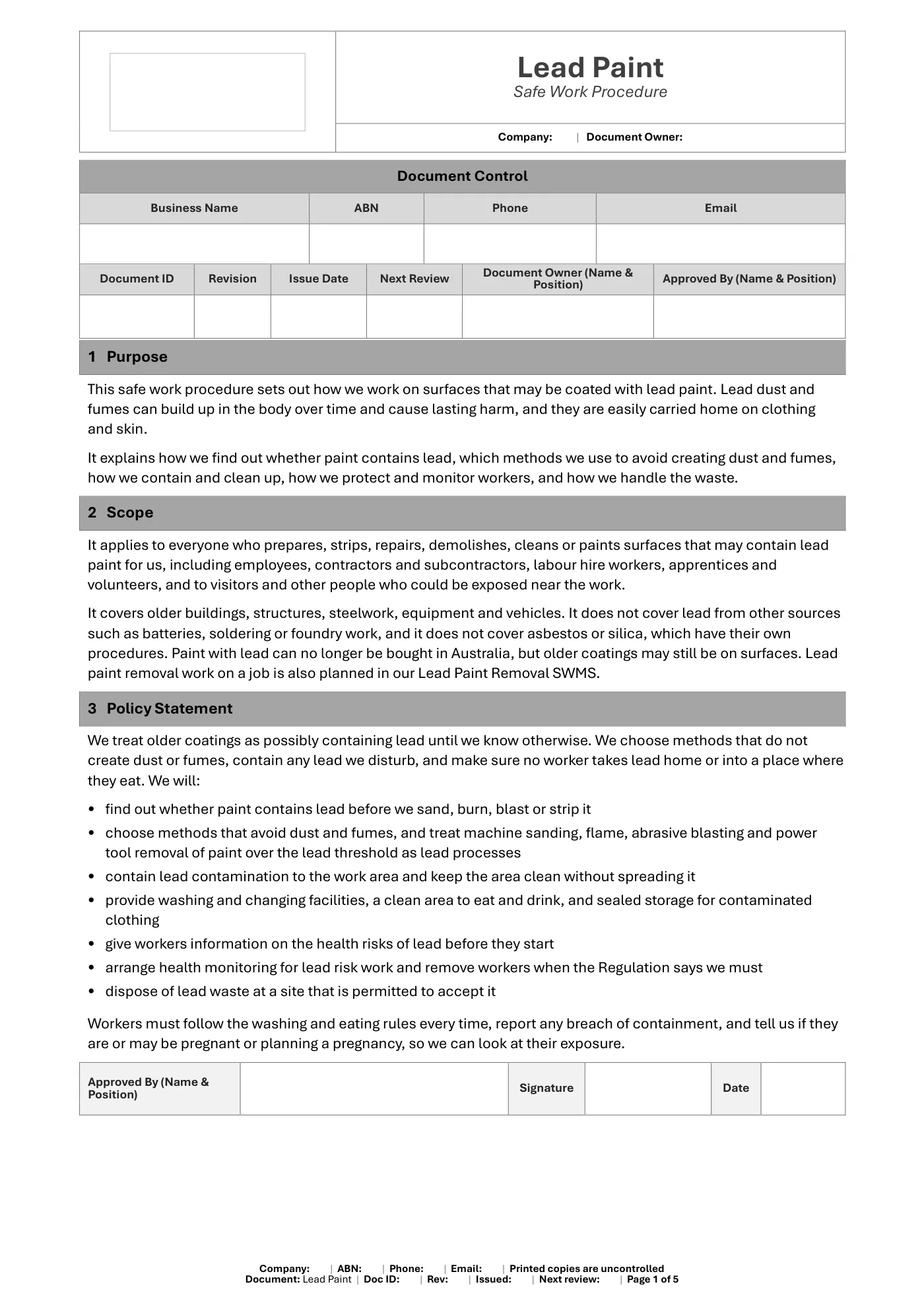 Lead Paint Safe Work Procedure Template: sample page 1