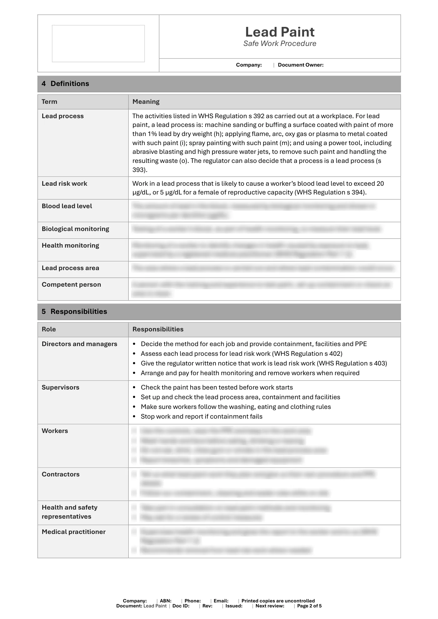Lead Paint Safe Work Procedure Template: sample page 2