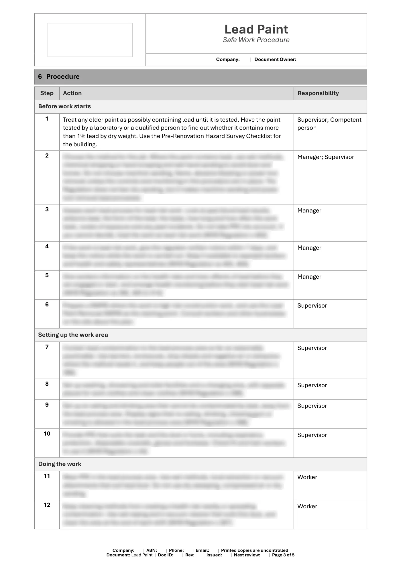 Lead Paint Safe Work Procedure Template: sample page 3