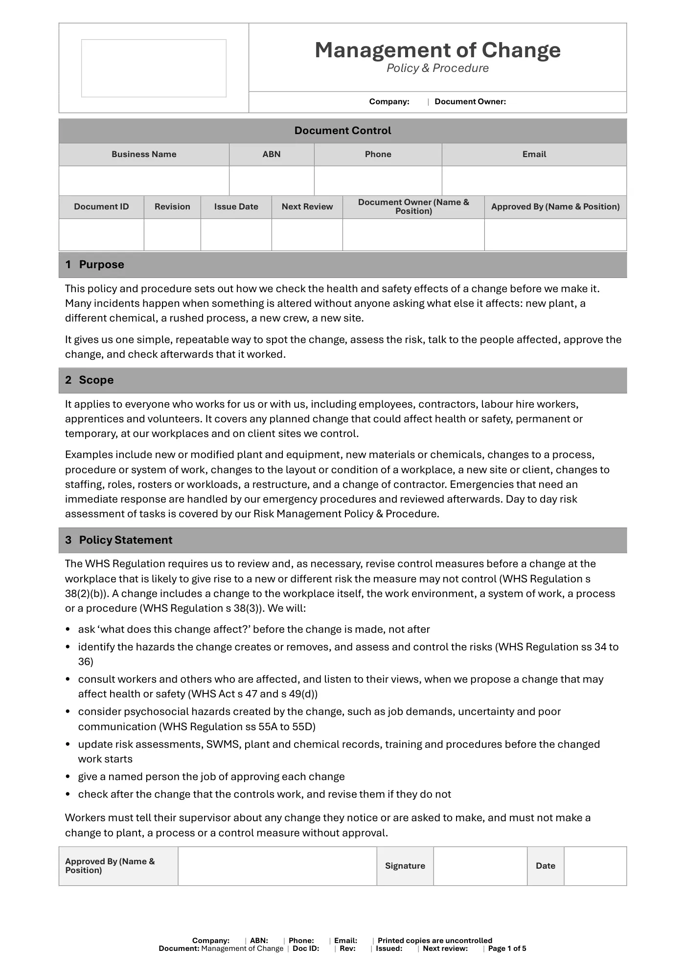 Management of Change Policy & Procedure Template: sample page 1