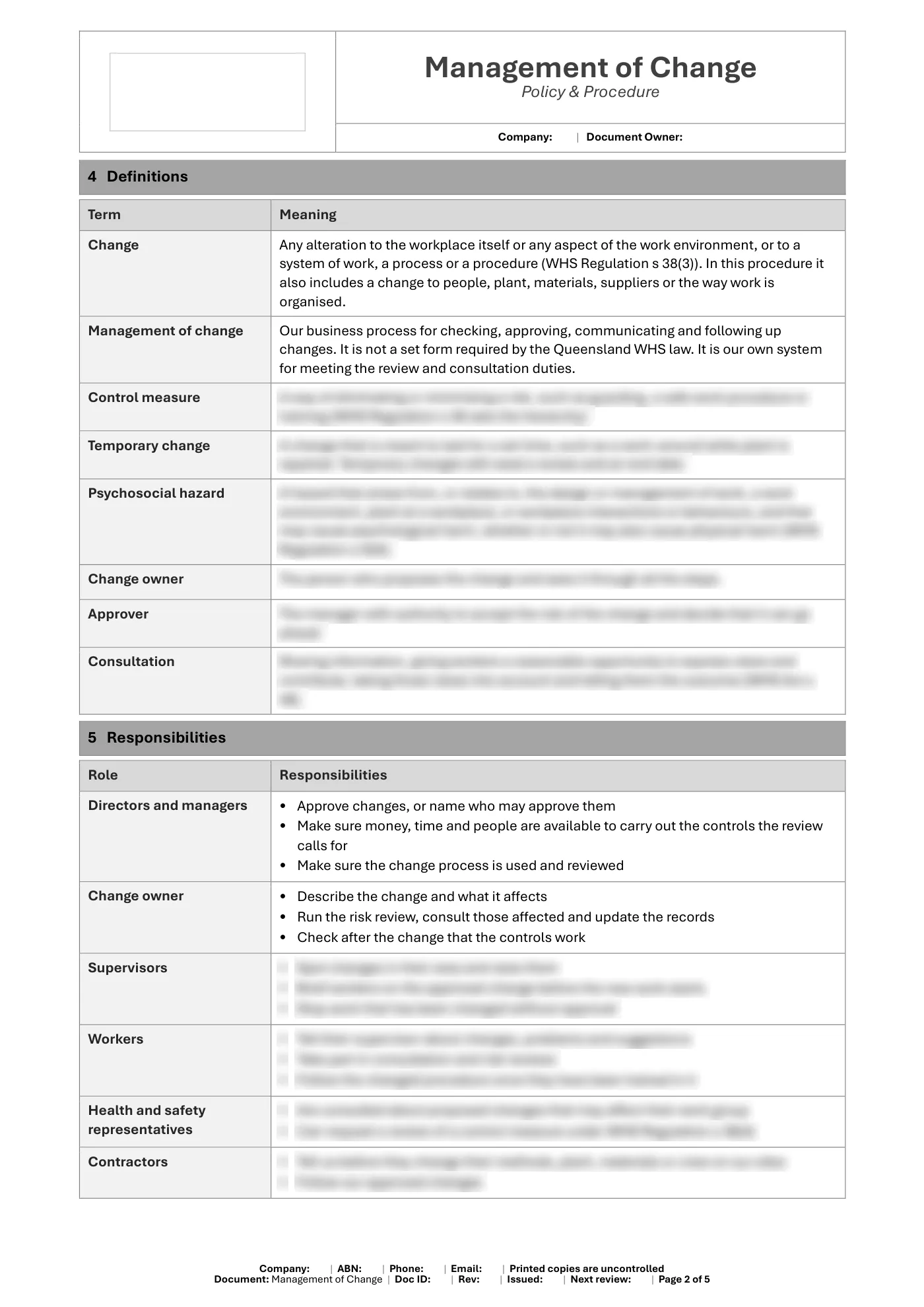 Management of Change Policy & Procedure Template: sample page 2