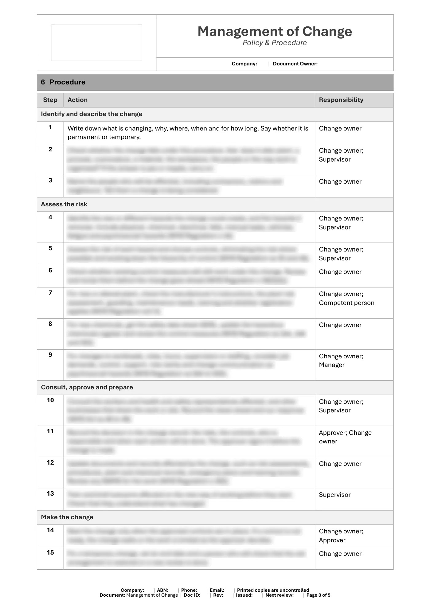 Management of Change Policy & Procedure Template: sample page 3