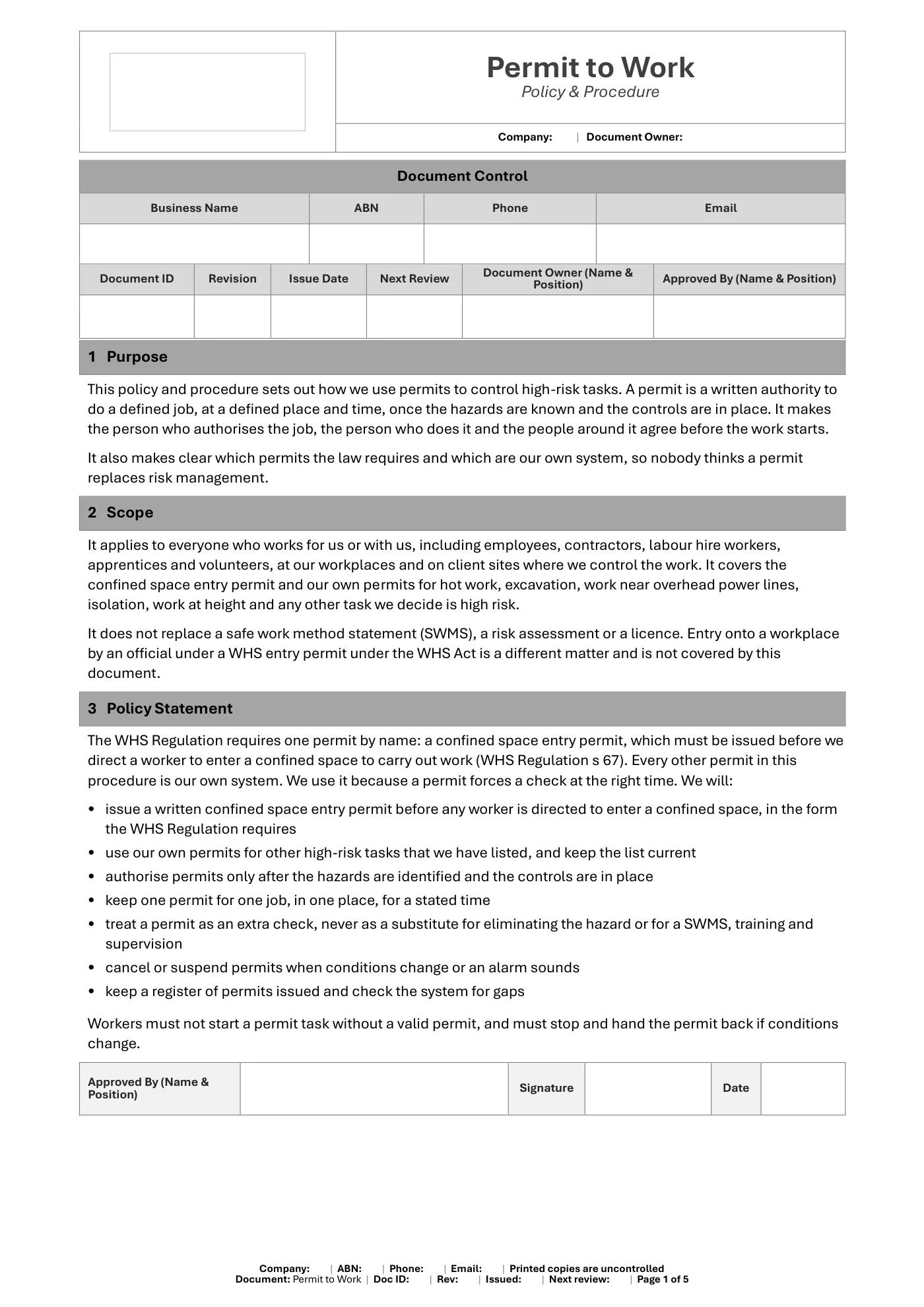 Permit to Work Policy & Procedure Template: sample page 1