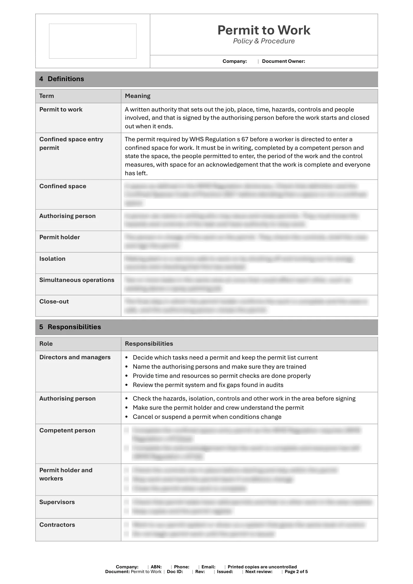 Permit to Work Policy & Procedure Template: sample page 2