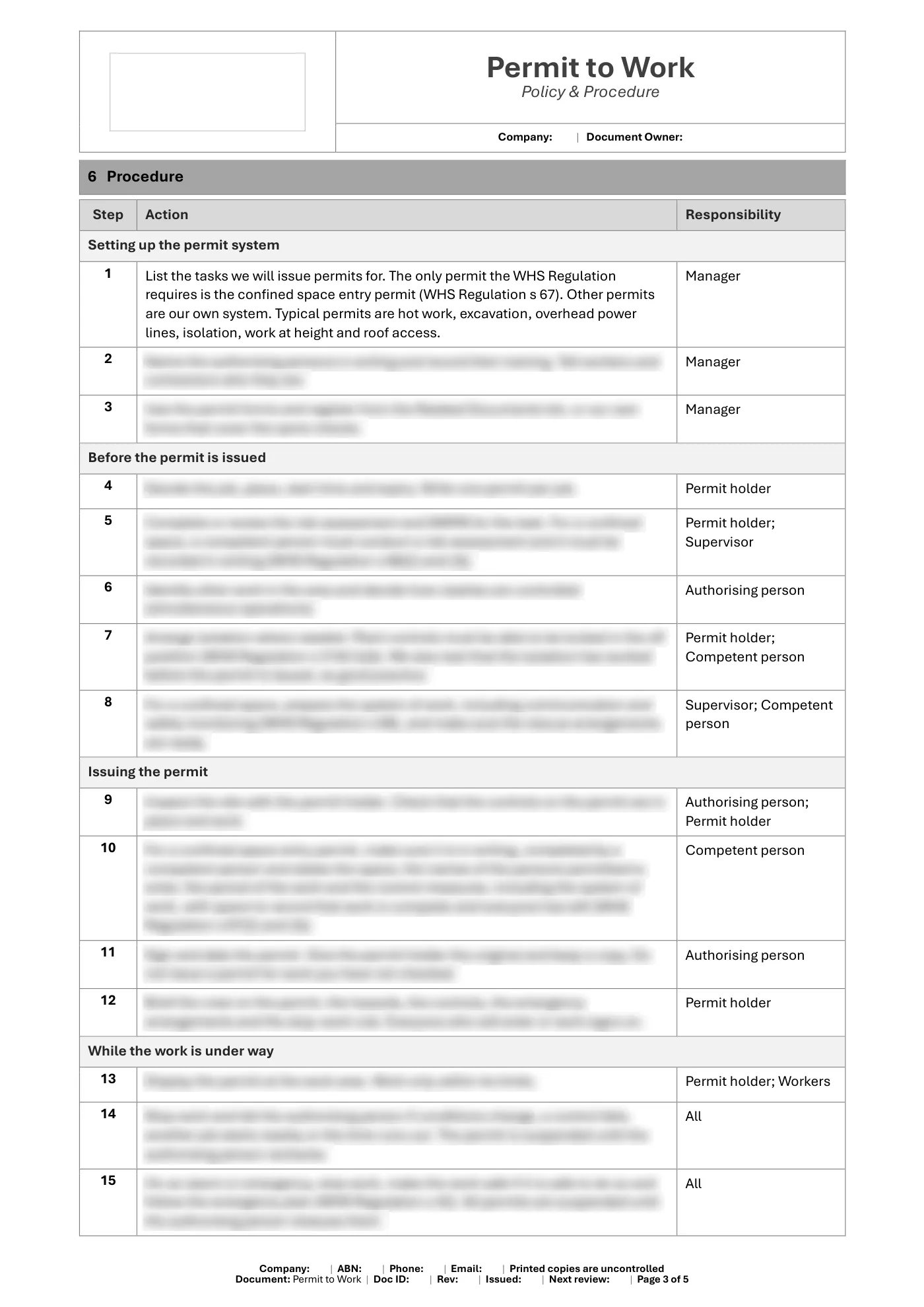 Permit to Work Policy & Procedure Template: sample page 3