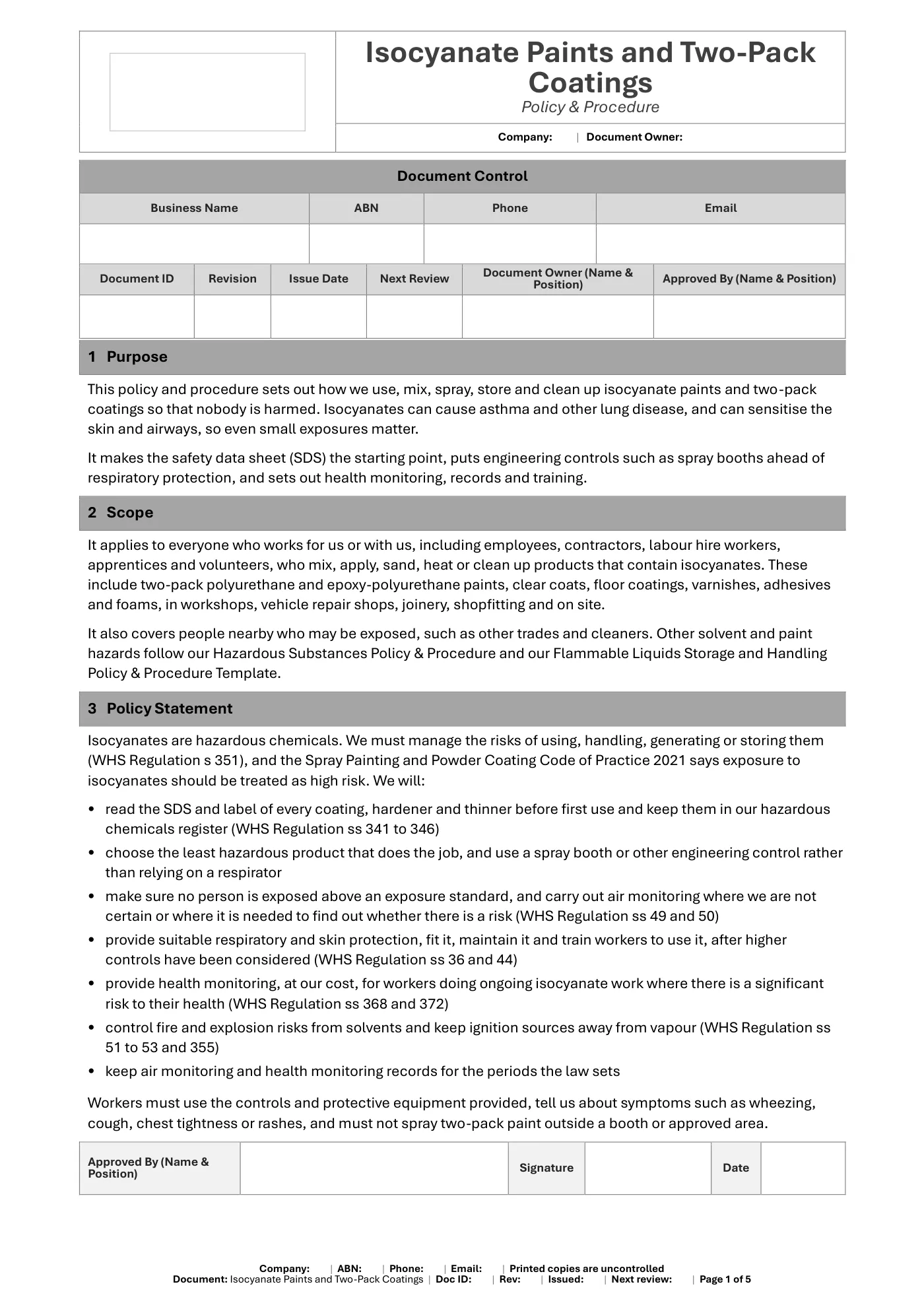 Isocyanate Paints and Two-Pack Coatings Policy & Procedure Template: sample page 1