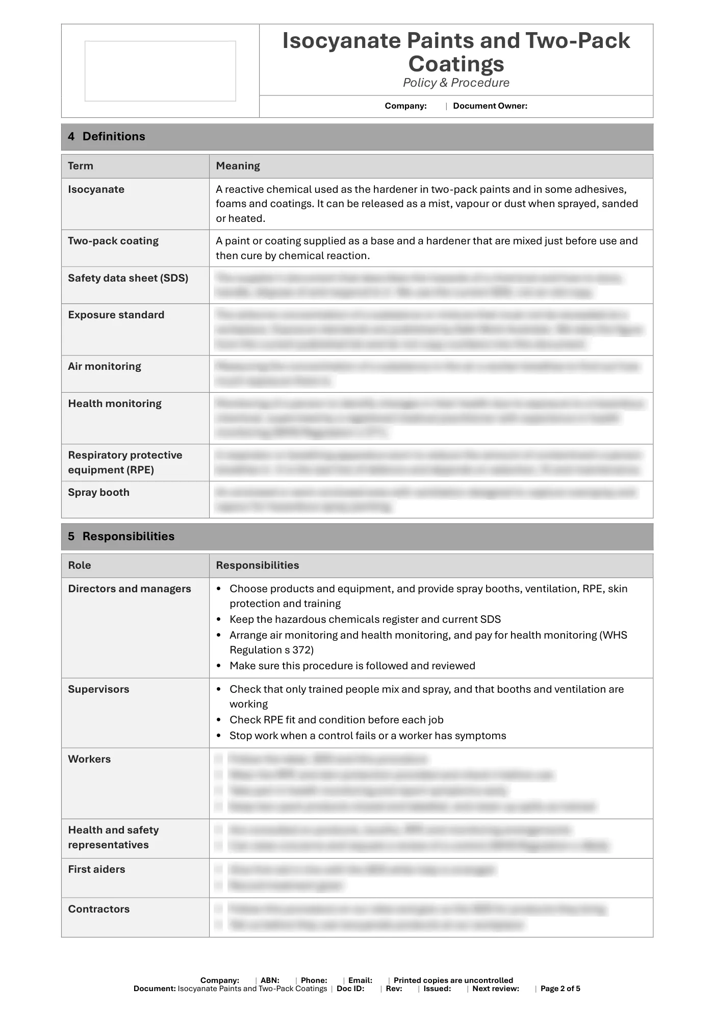 Isocyanate Paints and Two-Pack Coatings Policy & Procedure Template: sample page 2