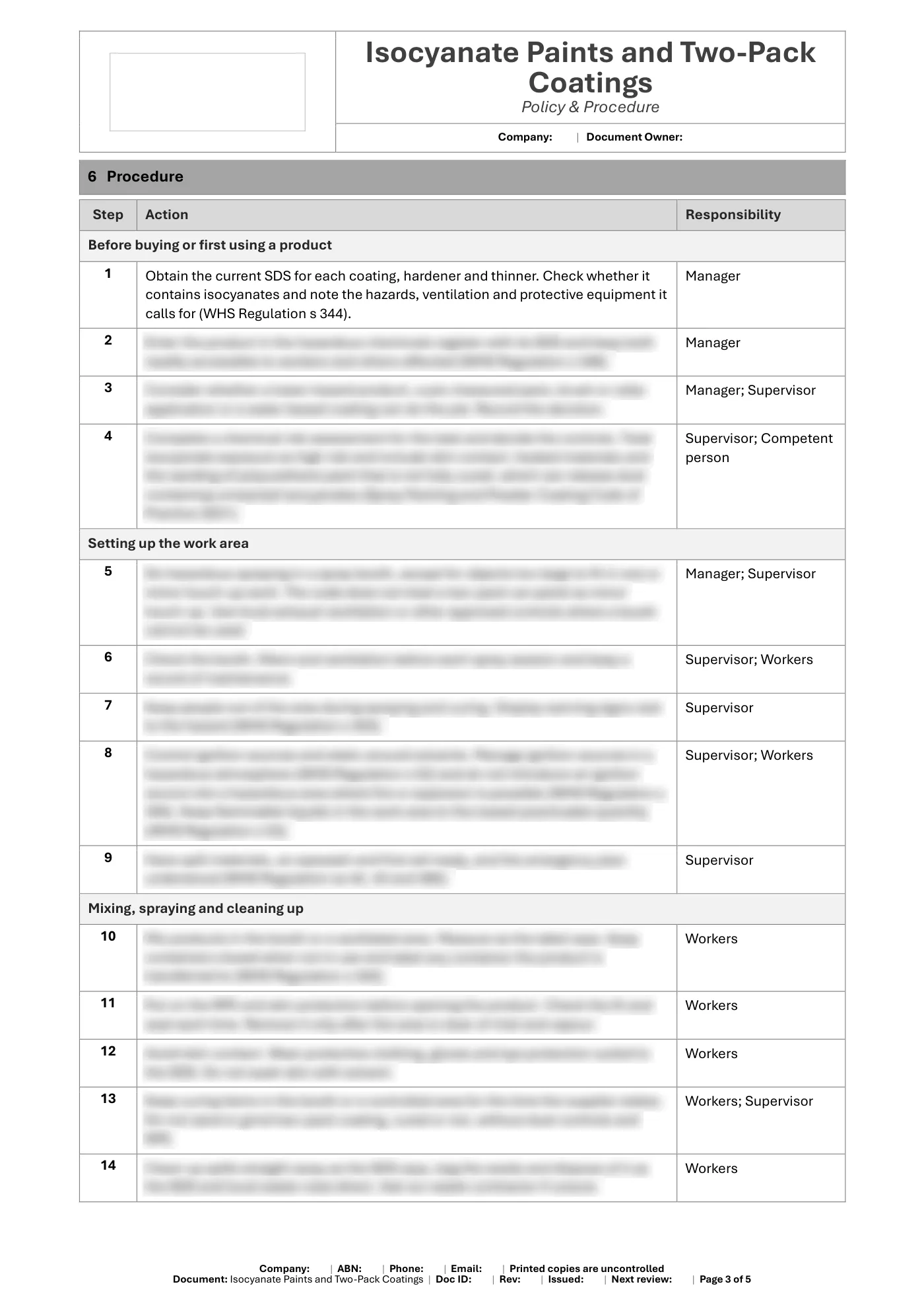 Isocyanate Paints and Two-Pack Coatings Policy & Procedure Template: sample page 3