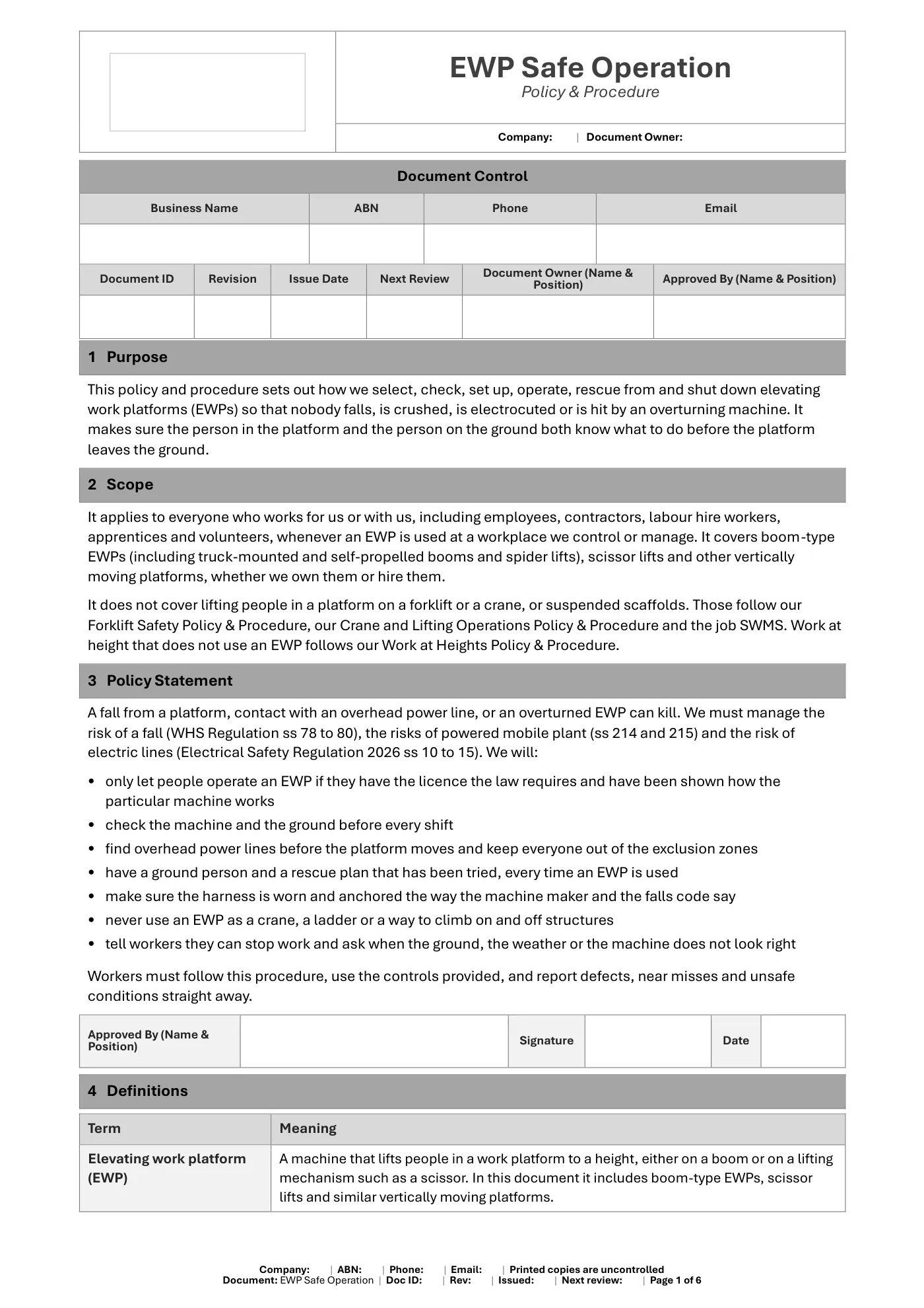 EWP Safe Operation Policy & Procedure Template: sample page 1