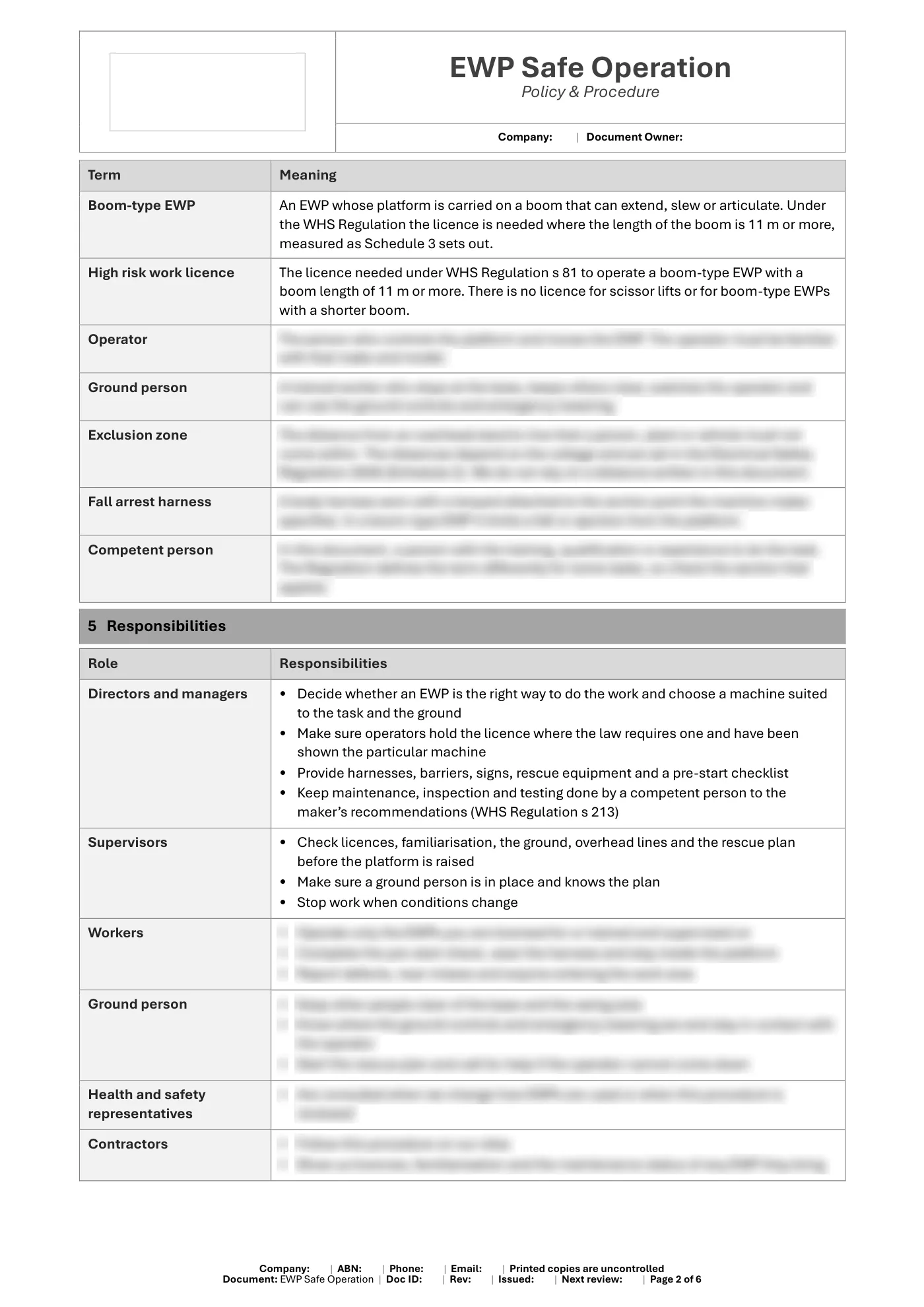 EWP Safe Operation Policy & Procedure Template: sample page 2