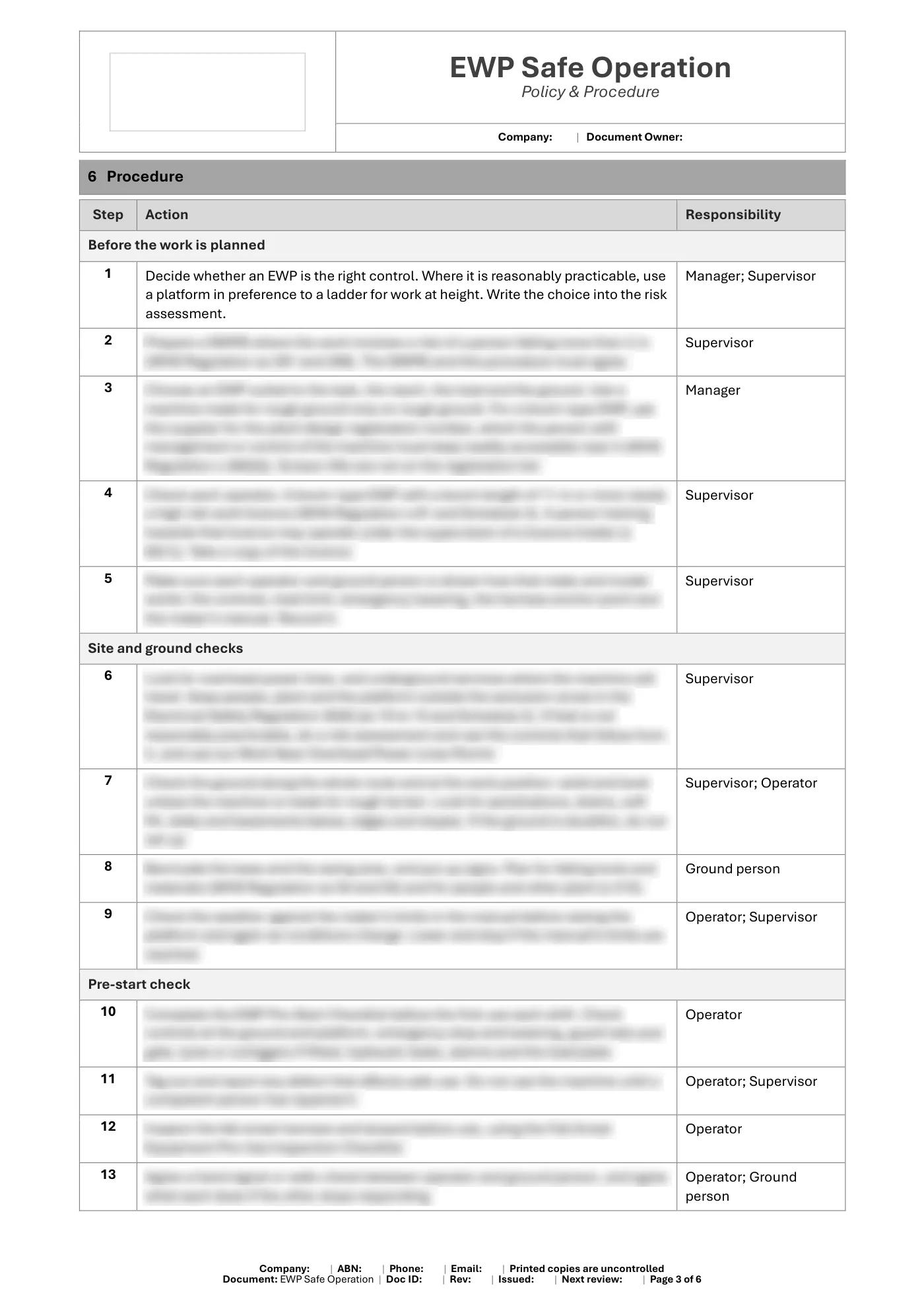EWP Safe Operation Policy & Procedure Template: sample page 3